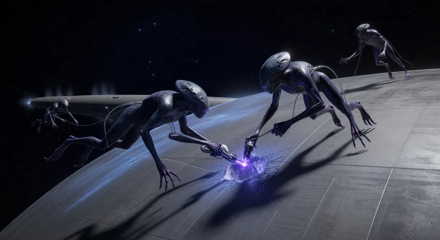 In der Ära des Interstellaren Aufbruchs (3000–5000 n. Chr.) pflegen Lithomorphe – eine hochspezialisierte Unterart der Voids-Kin – die Außenhülle eines gewaltigen Generationenschiffs inmitten der „Großen Dunkelheit“. Diese für das Vakuum angepassten Wesen nutzen molekulare Assembler, um Mikrometeoritenschäden an der Titanhülle zu verschweißen, während ihre obsidianfarbene, mit Kohlenstoff-Nanoröhren verstärkte Haut kosmische Strahlung durch Radiosynthese direkt in Stoffwechselenergie umwandelt. Vor dem Hintergrund des sternenübersäten Vakuums schützt ein schwach blau leuchtendes Magnetfeld das 50 Kilometer lange Gefährt vor der zerstörerischen Wirkung interstellarer Ionen.