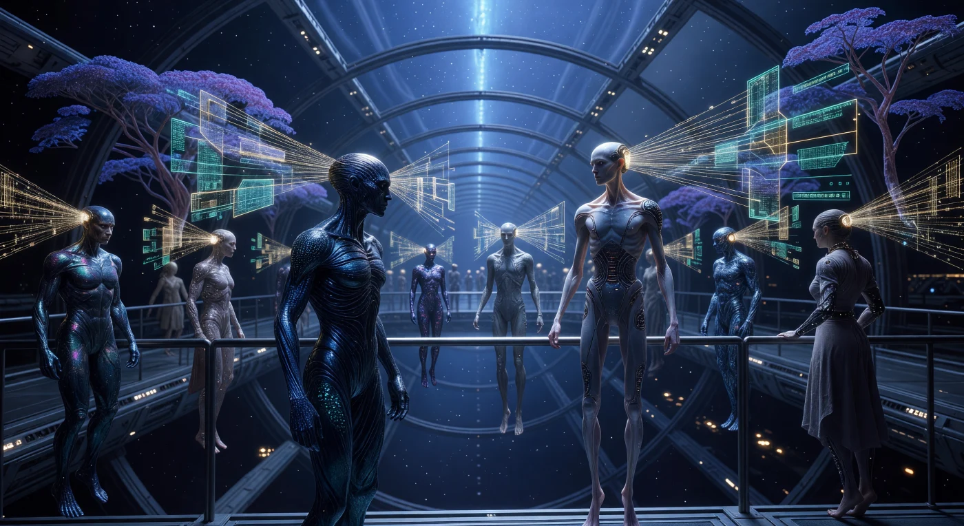 During the Interstellar Dawn era (3000–5000 CE), the Voids-Kin participate in a "Vector-Logic Consensus" within the cavernous Axis-Hub of a 50-kilometer-long O’Neill cylinder. The image depicts two distinct human descendants: the iridescent, carbon-reinforced Lithomorphs and the spindly, zero-gravity-adapted Elongated citizens. These beings cast real-time algorithmic votes through neural-link interfaces, projecting glowing geometric data streams into an atmosphere illuminated by a central fusion filament. In the distance, bioluminescent "Aero-Forests" cling to the vessel's hull, serving as a vital life-support system for this nomadic deep-space civilization.