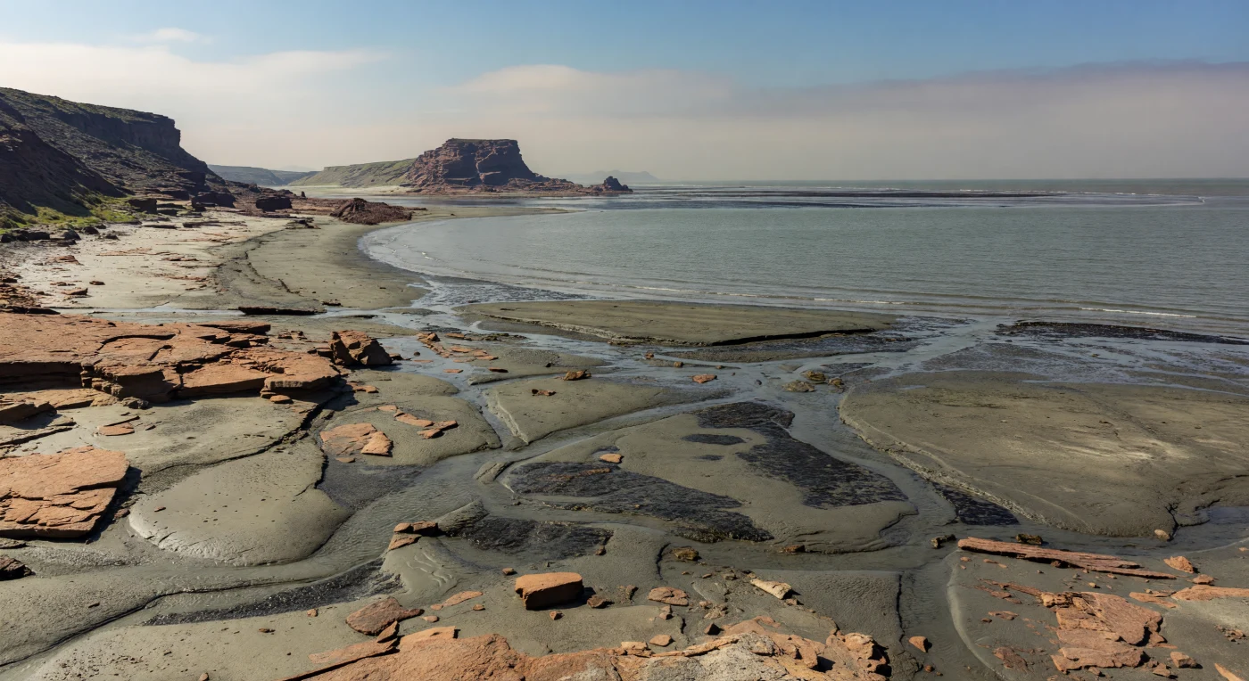 Nesta costa cambriana tardia, há cerca de 490 milhões de anos, a terra firme surge completamente nua: afloramentos avermelhados de arenito e lama endurecida, lençóis de areia cinzenta, canais de maré rasos e películas escuras de microrganismos ao longo das zonas mais húmidas. Ainda não existiam plantas terrestres, insetos nem vertebrados em terra, pelo que a paisagem seria árida e rochosa, moldada apenas pela erosão, pelas marés e por tapetes microbianos. Ao largo, para além da plataforma costeira, o mar mais profundo albergava a grande diversificação do Câmbrico, com trilobites, esponjas, braquiópodes e artrópodes primitivos a prosperarem num mundo muito diferente do atual.