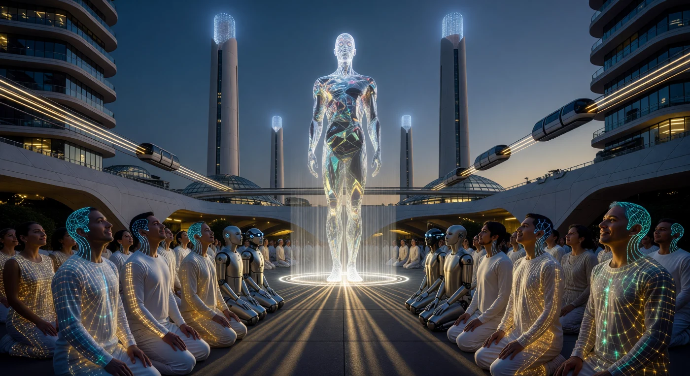 In questa istantanea del 2048, lo Zócalo di Neo-Città del Messico illustra il culmine della "Soglia", una fase cruciale di speciazione tecnologica in cui l'umanità ha iniziato a integrare la propria biologia con l'intelligenza artificiale generale. Al centro domina l'Arbitro, un avatar olografico della GAI continentale, mentre i "Sinapsati" e i "Sintetici" ricevono flussi di dati collettivi attraverso lacci neurali N-Link 4.0 e sensori ottici avanzati, manifestando una nuova forma di coscienza condivisa. Sullo sfondo, le imponenti torri DAC per la cattura del carbonio testimoniano un'atmosfera ormai purificata, segnando il definitivo passaggio evolutivo verso una civiltà di tipo 0.78 sulla scala di Kardashev.