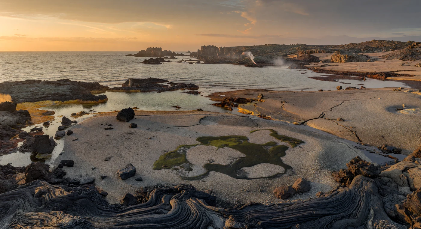 En esta llanura costera volcánica del Cámbrico tardío, hace aproximadamente 490 millones de años, el borde de un mar cálido aparece como un paisaje casi totalmente estéril: coladas de basalto negro recién enfriado, gravas cubiertas de ceniza, grietas humeantes y charcas salobres sin una sola planta ni animal terrestre. Sobre la roca húmeda apenas prosperan finas costras microbianas verdinegras, mientras en el mar cercano vivían organismos marinos propios del Cámbrico, como trilobites, braquiópodos y esponjas, aún confinados al agua. La escena evoca un mundo anterior a los ecosistemas terrestres, cuando la vida dominaba los océanos y la tierra firme seguía siendo un territorio mineral, caliente y silencioso.