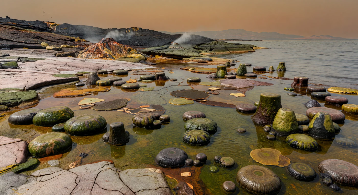 En esta llanura intermareal del Arcaico tardío, hace aproximadamente 2.700–2.500 millones de años, decenas de estromatolitos abombados y cónicos sobresalen entre unos pocos centímetros y 80 cm sobre aguas someras cálidas, teñidas de tonos ferruginosos. Estas estructuras laminadas fueron construidas por tapetes microbianos de cianobacterias primitivas, probablemente similares a Eoentophysalis, que atrapaban sedimentos y favorecían la precipitación de sílice y carbonatos sobre el margen de un pequeño cratón emergente. A su alrededor se extiende una costa desnuda de rocas TTG, basaltos y cinturones de rocas verdes, sin plantas ni animales, bajo un cielo brumoso rico en metano y aerosoles volcánicos: un paisaje extraño pero real de la Tierra temprana, cuando la vida era casi enteramente microbiana.