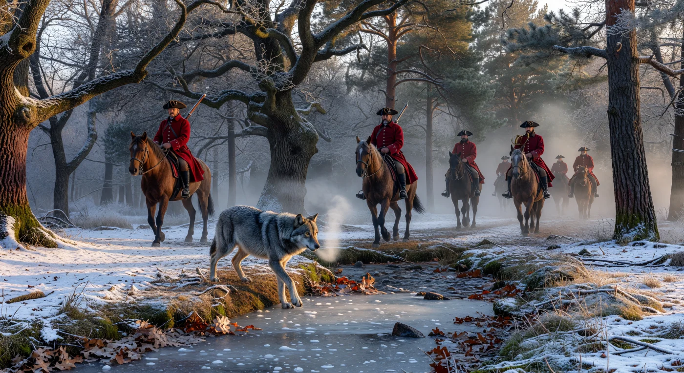 Um lobo-cinzento de pelagem densa estanca sobre a margem gelada de um riacho, enquanto, ao fundo, caçadores aristocráticos montados e vestidos com *justaucorps* vermelhos emergem da névoa invernal. Esta imagem captura a essência da caça real na Europa de meados do século XVIII, um espetáculo de poder e status realizado em florestas estritamente geridas pela nobreza. Equipados com armas de pederneira e chapéus tricórnios, os caçadores da era do Iluminismo viam o lobo não apenas como um predador, mas como um símbolo da natureza selvagem a ser domada pela autoridade real.