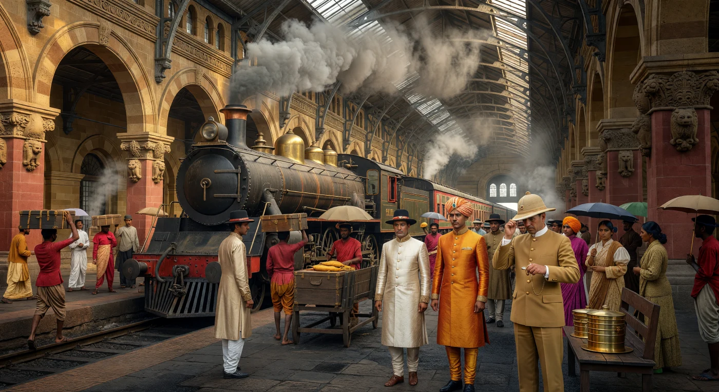 Une imposante locomotive à vapeur du Great Indian Peninsula Railway entre en gare de Victoria Terminus à Bombay, dégageant d'épais nuages de fumée sous les voûtes majestueuses de ce chef-d'œuvre de l'architecture indo-sarrasénique. Sur le quai baigné d'une lumière cendrée, l'élégance des nobles rajputs et des marchands parsis côtoie la rigueur des uniformes coloniaux britanniques et le labeur des porteurs en tuniques rouges. Inaugurée durant l'apogée du Raj britannique, cette gare emblématique fusionne le gothique victorien et l'esthétique moghole, symbolisant la transition de l'Inde vers l'ère industrielle et son rôle pivot au sein de l'Empire à la Belle Époque.