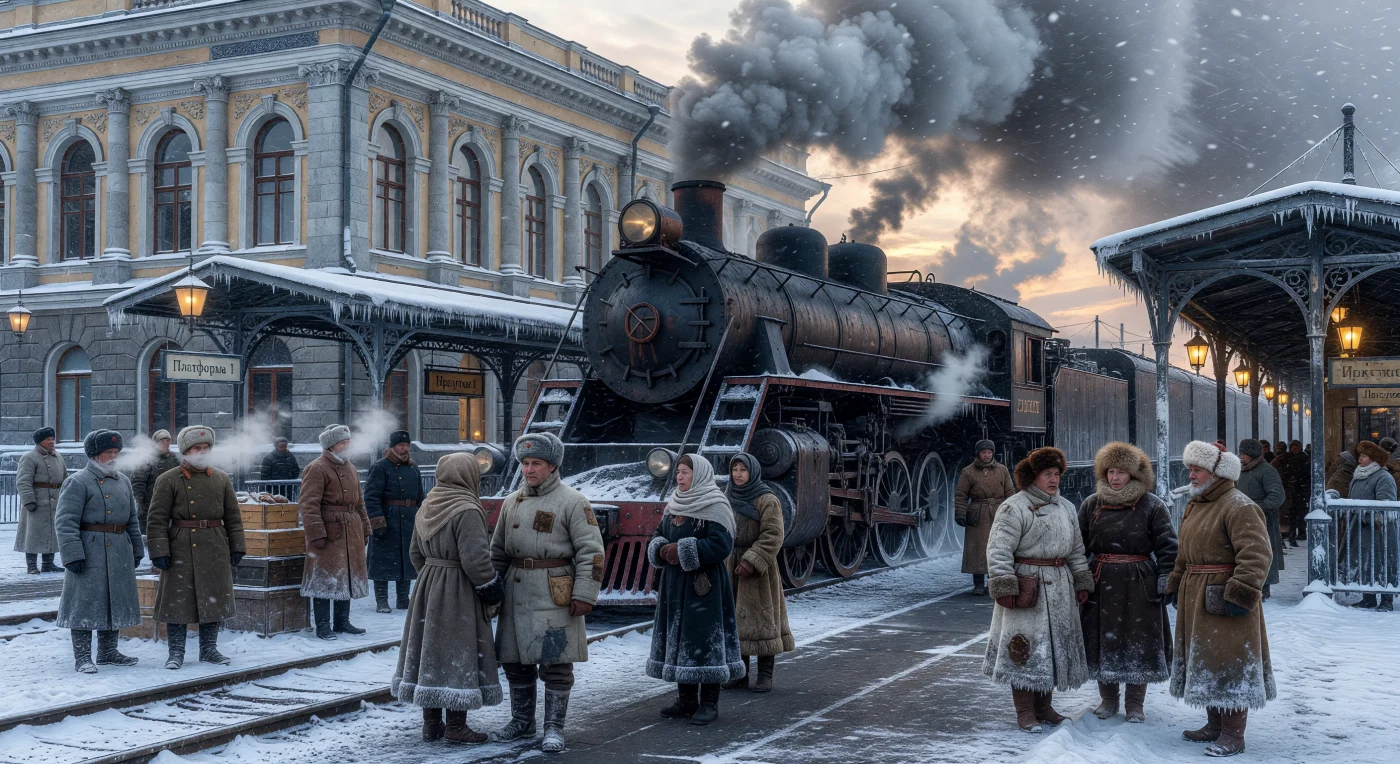 Una imponente locomotora de vapor Clase E exhala densas columnas de humo frente a la fachada neoclásica de la estación de Irkutsk, mientras viajeros y soldados soviéticos desafían el gélido invierno siberiano de finales de la década de 1930. La escena ilustra la rica diversidad cultural de la región, mostrando a comerciantes buryatos en atuendos tradicionales de piel junto a civiles y militares abrigados con pesados capotes de lana y botas *valenki*. Este nodo estratégico del Ferrocarril Transiberiano fue fundamental para la integración industrial y militar de Asia del Norte, actuando como un puente vital entre los confines del Lejano Oriente y el corazón de la Unión Soviética durante una era de intensa transformación y tensiones globales.