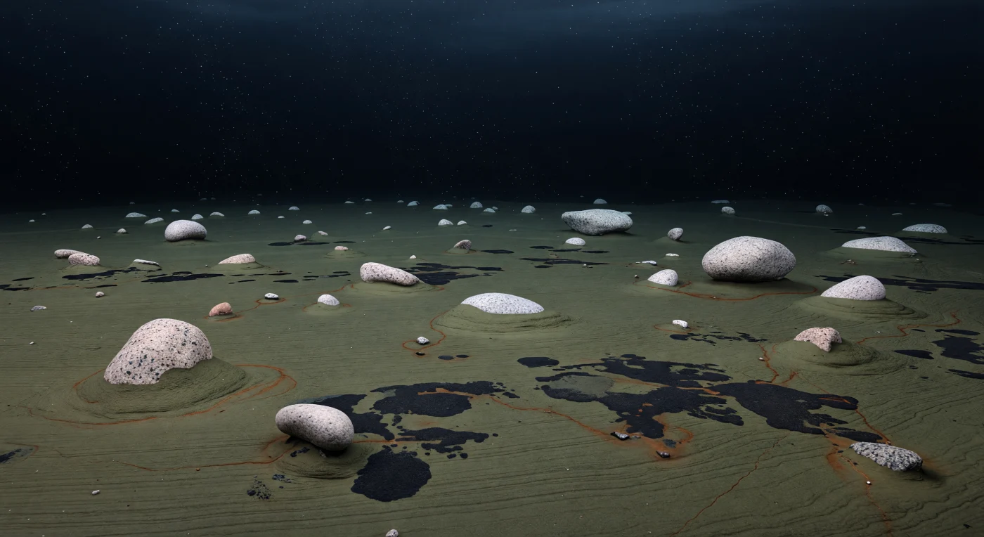 Bajo el hielo permanente de la Tierra Bola de Nieve, hace entre 720 y 635 millones de años, el fondo de esta cuenca marina profunda —a más de 1000 m de profundidad— aparece casi sin luz: lodos finamente laminados de tono verde grisáceo, salpicados por cantos y bloques de granito caídos desde hielos flotantes, con parches negros ricos en sulfuros y vetas oxidadas de hierro que marcan sutiles filtraciones químicas. En este océano criogénico, aislado de la atmósfera y con la fotosíntesis muy limitada, no había animales ni algas visibles; la vida estaba dominada por bacterias quimiotrofas, biopelículas microbianas y pequeños protistas eucariotas heterótrofos alimentados por una tenue lluvia de “nieve marina”. La escena evoca un mundo extremo pero no estéril, donde la química del fondo marino sostuvo algunos de los ecosistemas más austeros de la historia de la Tierra.