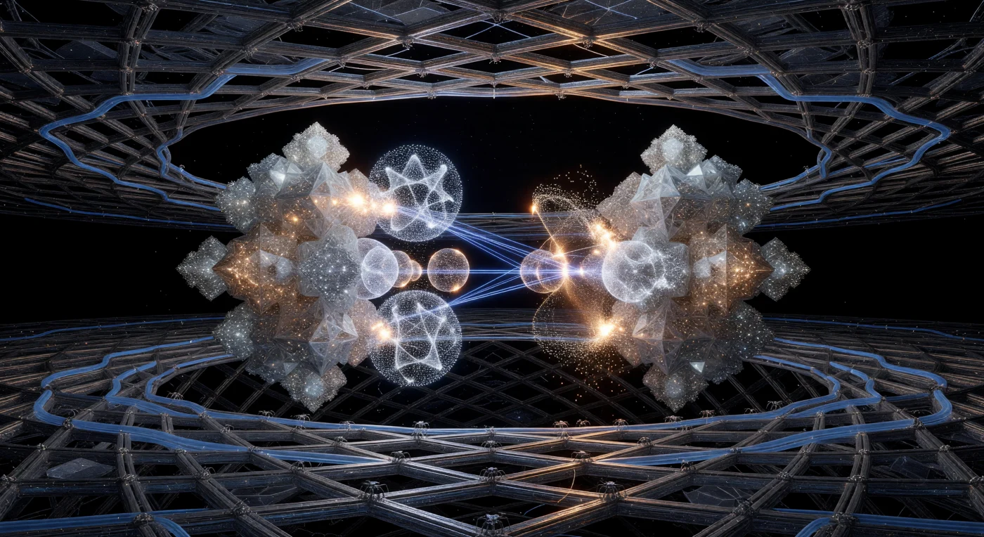 In dieser Darstellung der Ära der Kosmischen Reife (ca. 20.000–100.000 n. Chr.) stehen sich zwei Synaptische Cluster der „Betrachter“ in einem sogenannten Logik-Krieg gegenüber, ausgetragen innerhalb der diamantoiden Gitterstrukturen eines Matroschka-Gehirns. Diese massiven, substratunabhängigen Geister (SIMs) bekämpfen sich durch die Projektion n-dimensionaler geometrischer Beweise, wobei widerlegte Argumente als orangefarbene Wärmestrahlung und zerfallende Qubits spektakulär in das Vakuum entweichen. Die Szene verdeutlicht den Übergang von biologischem Leben zu einer Zivilisation vom Kardashew-Typ II, die das gesamte Energiebudget ihres Heimatsterns nutzt, um komplexe mathematische Realitäten in den Quantensubstraten gigantischer Megastrukturen zu berechnen.