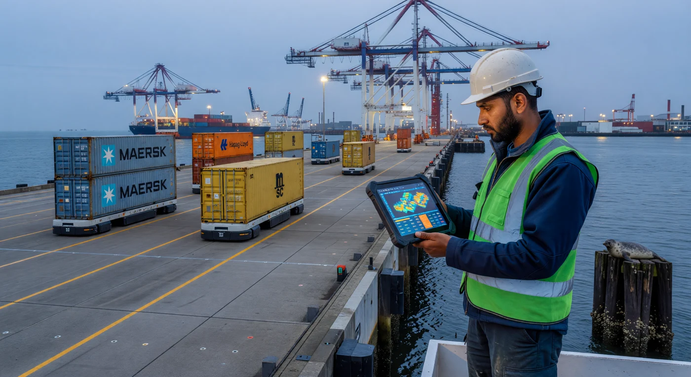 En el Puerto de Róterdam, un técnico supervisa una terminal automatizada donde la inteligencia artificial coordina el flujo de contenedores mediante vehículos autónomos y grúas colosales que se alzan sobre el Mar del Norte. Bajo la luz difusa del atardecer, el uso de tabletas rugerizadas y sistemas de telemetría en tiempo real permite una gestión logística de alta precisión, integrando la robótica avanzada con el entorno marítimo tradicional. Esta escena captura la esencia de la Era Digital, marcando la transición histórica de la mano de obra manual hacia sistemas de transporte globales totalmente algorítmicos y autónomos.