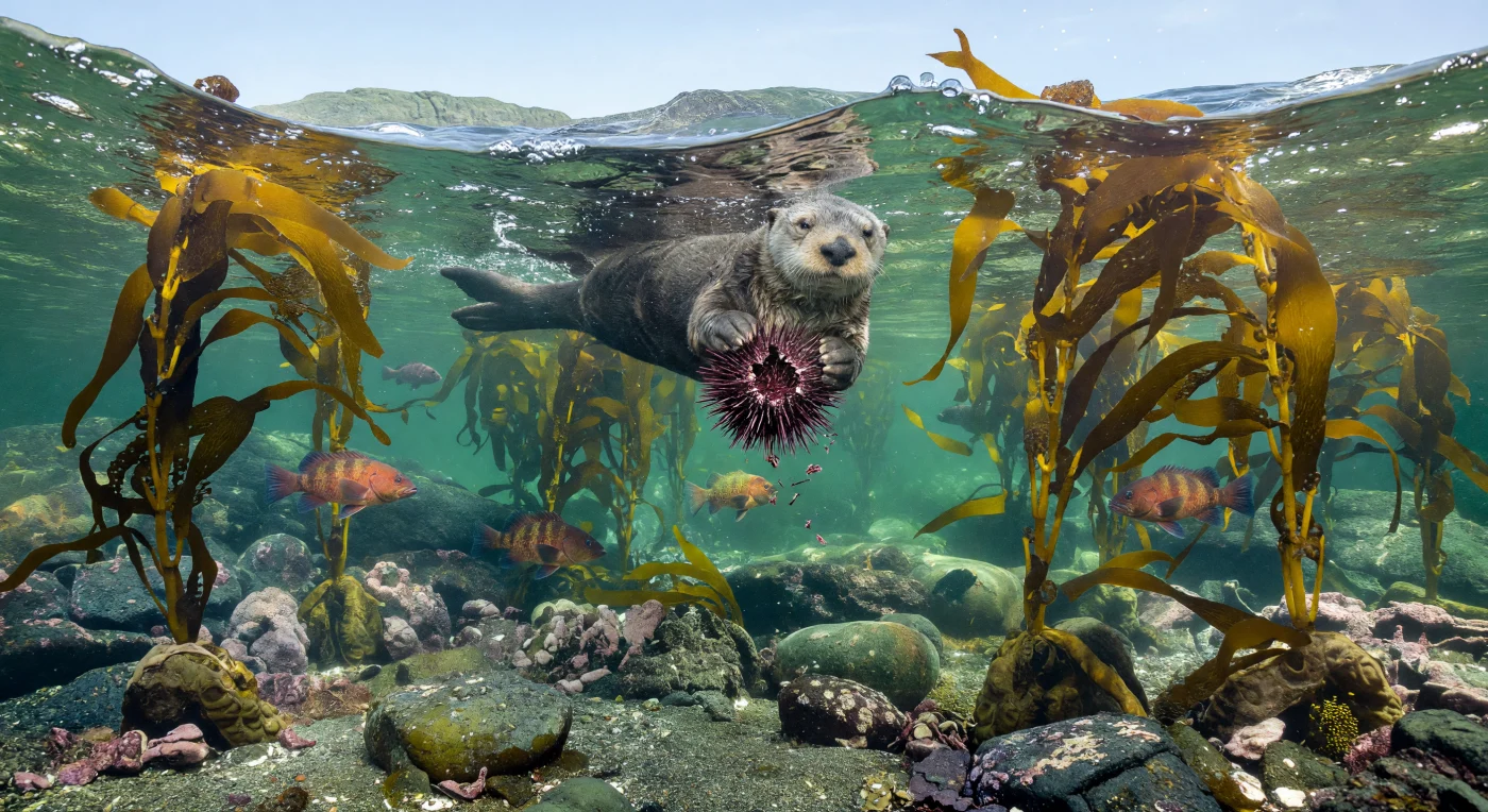 In una foresta di kelp del Pacifico nord-orientale, tra la fine del Pleistocene e l’inizio dell’Olocene, circa 15.000–10.000 anni fa, le alte fronde bruno-dorate di Macrocystis pyrifera ondeggiano in acque fredde e limpide sopra fondali rocciosi segnati dalla glaciazione. In primo piano una lontra marina, Enhydra lutris, galleggia sul dorso mentre rompe con le zampe un riccio di mare del genere Strongylocentrotus, circondata da scorfani del genere Sebastes che sostano tra gli stipiti del kelp. È un ecosistema sorprendentemente familiare ma modellato dalle condizioni dell’Età glaciale: mare leggermente più freddo, forte moto ondoso, coste rocciose glaciali e una catena alimentare in cui la lontra contribuiva già a mantenere l’equilibrio della foresta sottomarina.
