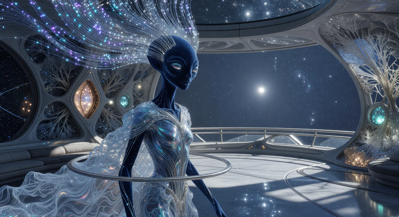 An inhabitant of the Sirius system displays the "Lithe-Long" aesthetic characteristic of the Interstellar Dawn era (3000–5000 CE), a period defined by the transition of humanity into a multi-stellar species. This individual exhibits biological adaptations for microgravity, including an elongated skeletal structure and multi-pupiled eyes evolved for the intense light of a binary star system. Silver fiber-optic Neural-Filaments emerge from the cranium, pulsing with bioluminescence to indicate active data processing, while a localized Gravity-Ring allows for the fluid movement of Aerogel Lace garments. This scene illustrates the "Substrate-Neutral" beauty of the fifth millennium, where technological integration and biological plasticity have fundamentally redefined the human form.