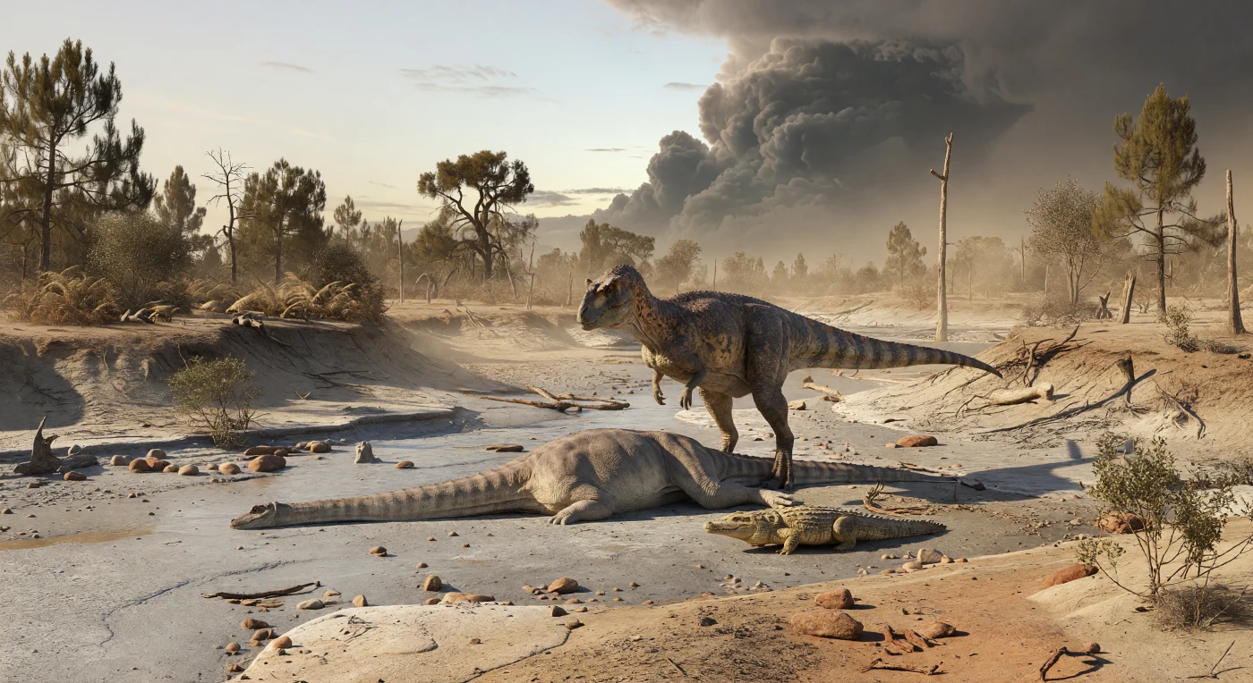 約700万〜660万年前、白亜紀末のマダガスカルのマエバラノ層では、干ばつにひび割れた灰色の川床で、全長約6 mのアベリサウルス類マジュンガサウルス・クレナティッシムスが、倒れた竜脚類ラペトサウルス・クラウセイの死骸に向き合い、その傍らをずんぐりしたノトスクス類シモスクス・クラーキがうかがっています。画面には、乾いたアラウカリア類やマキ科に似た針葉樹林、まばらな初期被子植物の低木、そして地平線に湧き上がる積乱雲が広がり、この土地が強い季節性をもつ半乾燥の氾濫原だったことを物語ります。ゴンドワナ大陸の分裂が進み孤立しつつあったマダガスカルでは、こうしたアベリサウルス類・ティタノサウルス類・特異なワニ形類からなる固有の動物相が栄え、深い時間の果てに訪れる嵐の気配の中で、生と死が静かに交差していました。
