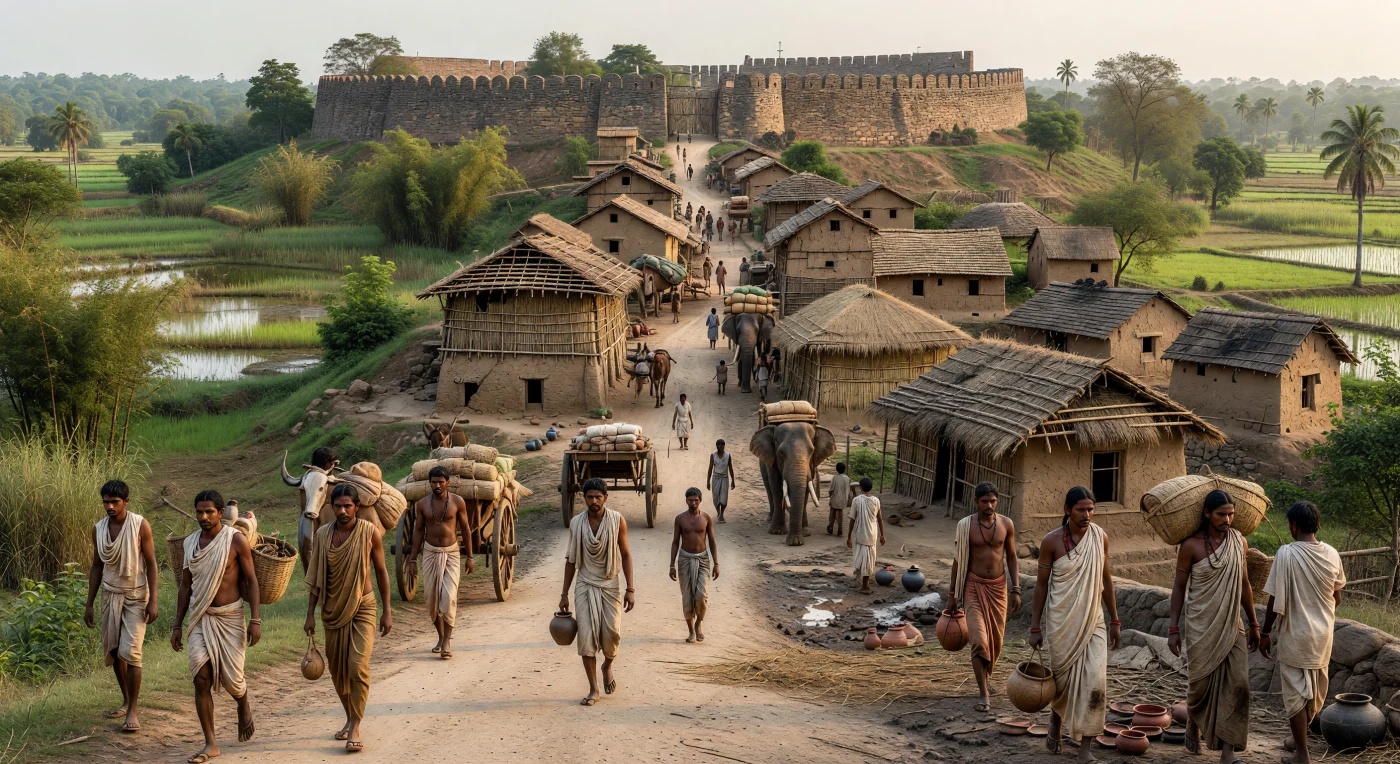 먼지 이는 길을 따라 상인과 짐꾼, 코끼리 조련사들이 라지가르로 들어서고, 거칠게 다듬지 않은 거석을 모르타르 없이 쌓아 올린 성벽과 흙 제방이 언덕에 둘러싸인 마가다의 요새 도시를 드러낸다. 기원전 600~500년경의 라지가르(고대 라자가하)는 중부 갠지스 평야에서 국가 형성과 도시화가 빠르게 진행되던 시기의 핵심 거점으로, 진흙을 바른 목조 가옥과 혼잡한 진입로는 제국 이전 초기 도시의 생생한 일상을 보여 준다. 습한 저지대의 논밭과 대나무 숲, 그리고 사람의 어깨와 코끼리 등에 실린 물자가 함께 보이는 이 장면은, 철기 사용과 교역 확대가 남아시아 동부의 새로운 정치 중심지를 어떻게 떠받쳤는지 잘 말해 준다.