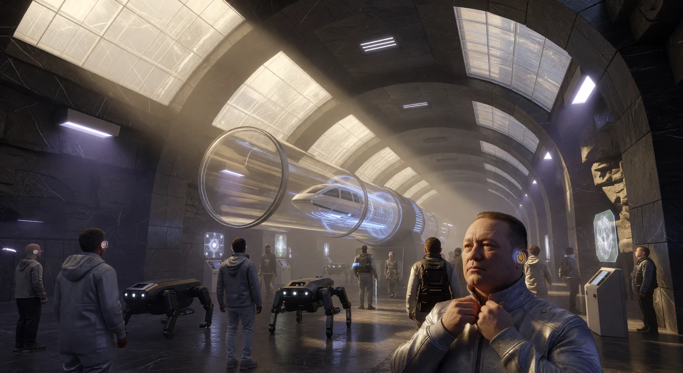 Deep within the Siberian basalt, this terminal represents the Maglev Silk Road, a vital transport artery during "The Threshold" era (2025–2050). The scene showcases Boreal-Adapted humans—biologically modified for extreme cold via CRISPR-enhanced thermoregulation—and hexapedal synthetic laborers navigating a climate-controlled "Thermal Plaza" shielded by translucent aerogel panels. Vacuum-sealed hyperloop pods and high-temperature superconducting systems facilitate rapid transit across Northern Asia, powered by the region's expansive fusion energy grid and methane-capture arrays. This subterranean hub illustrates the mid-21st century's technological synthesis of advanced material science and genetic adaptation in response to the shifting global environment.