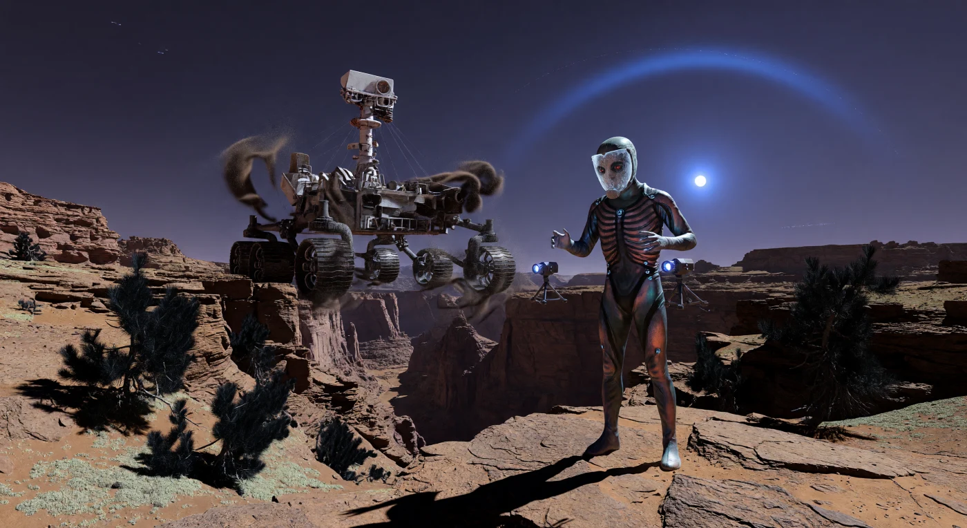 In this scene from the Era of the Great Divergence (c. 2200–2500 AD), a *Homo adaptus* artist utilizes magnetic field projectors to sculpt iron-rich atmospheric dust into a kilometer-high monument of an early 21st-century "First Messenger" rover. The artist’s 2.7-meter-tall frame and barrel-shaped ribcage illustrate the biological adaptations necessary for survival in Mars’s 0.38g gravity and 210-millibar atmosphere. As the sun sets in a piercing blue arc— a result of Mie scattering within the dust-heavy air—the light catches gen-engineered black-firs and the shimmering metallic lattice of the aerosol sculpture overlooking the Valles Marineris. This display highlights the sophisticated fusion of terraforming technology and cultural heritage in the Green Mars period.