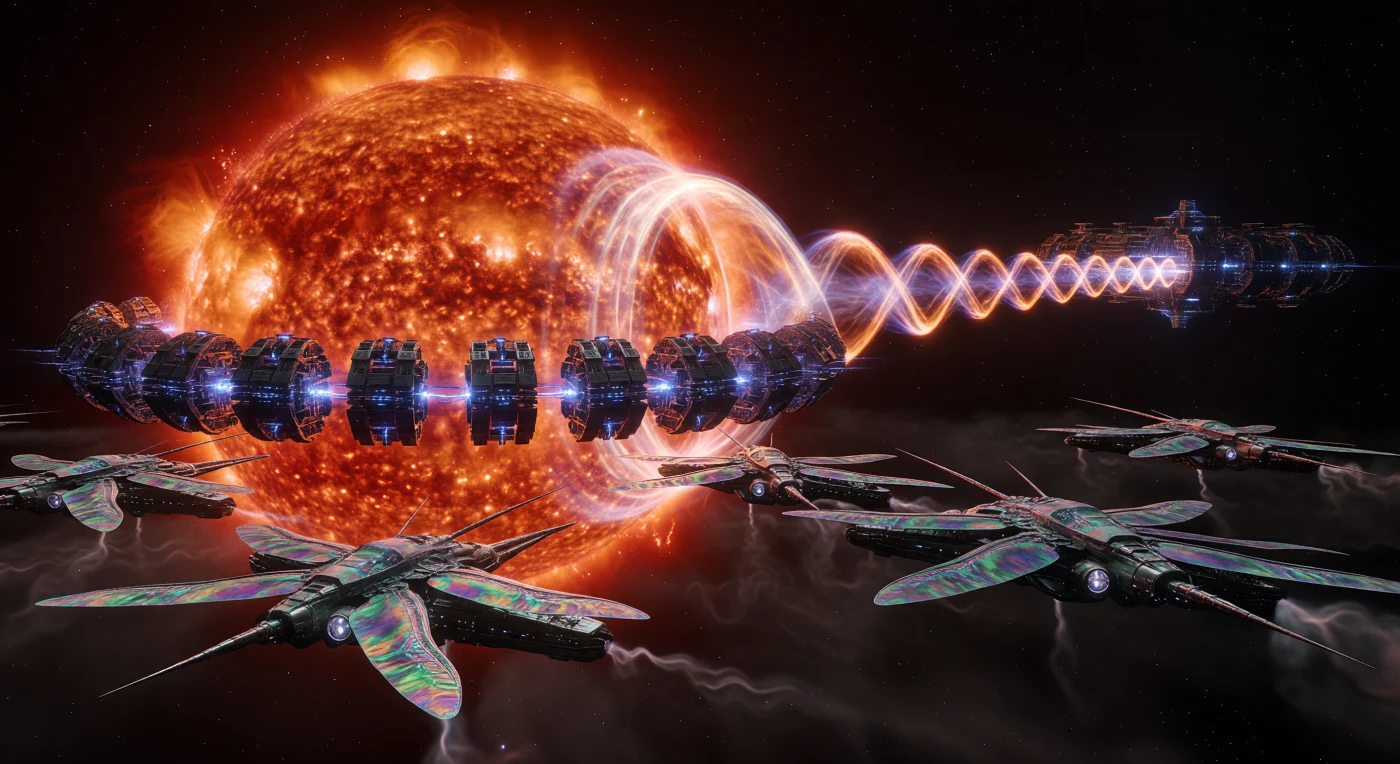 In this reconstruction of a Galactic Age (5,000–20,000 CE) industrial operation, a colossal magnetic bottleneck extracts superheated hydrogen plasma from a red dwarf star to fuel the massive fusion arrays of the Frontier. The scene highlights the "Void-Striders," five-kilometer-long bio-mechanical hybrids of the Exo-Human Phyla, as they navigate the iridescent plasma streams using specialized electromagnetic sensors and lead-bismuth shielding. This monumental engineering reflects a Kardashev 1.8 civilization’s mastery over stellar matter, depicting a period where humanity’s descendants transitioned into vacuum-dwelling forms to survive the high-radiation environments of the deep-space expansion vector.
