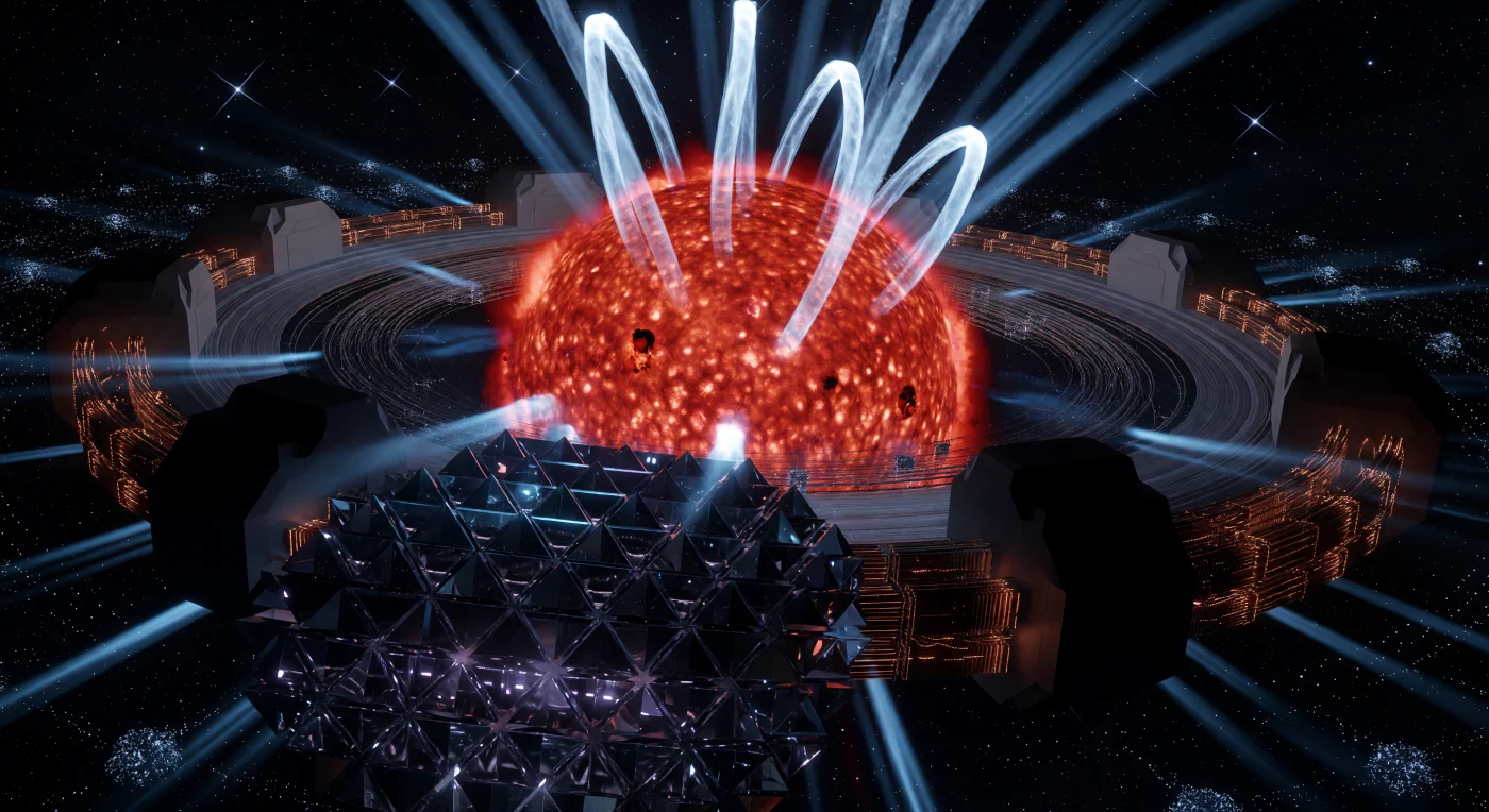 In dit vergezicht van het Horizon-tijdperk (ca. 100.000 – 1.000.000 n.Chr.) wordt de waterstof van een rode dwergster geoogst via kolossale magnetische sifons, die de brandstof naar duistere, supergeleidende opslagringen leiden. Deze technologische ingreep markeert de dominantie van de Substraat-Onafhankelijke Wezens, post-biologische entiteiten die hun bewustzijn huisvesten in kristallijne Monolieten van computronium. In de ijzige stilte van deze sector is biologisch leven vervangen door een hyper-efficiënt netwerk van data en energie, waarbij Dyson-zwermen het laatste licht van de sterren opvangen voor een bestaan dat de grenzen van de organische tijd ver overstijgt.