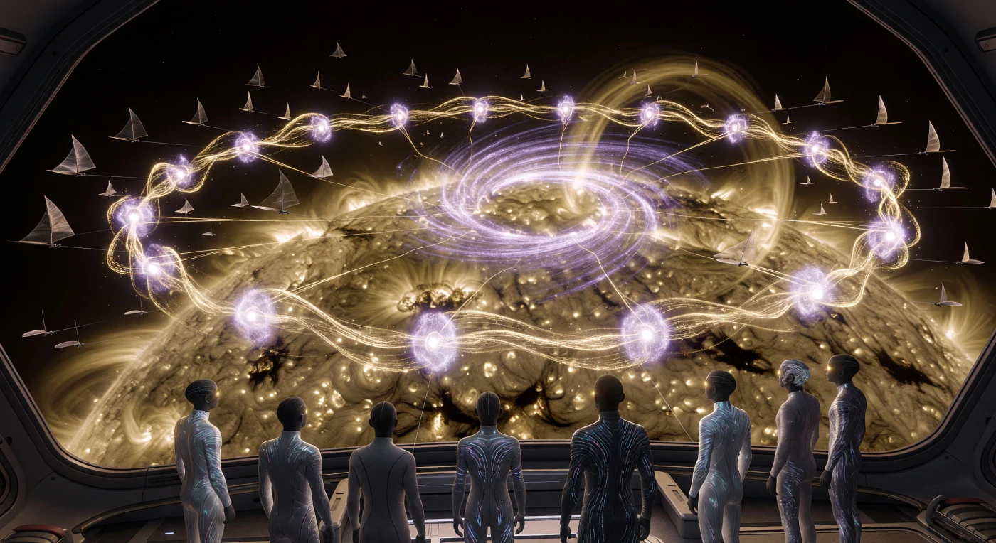 Tijdens de Solar Expansion (2500–3000 n.Chr.) markeerde de Hesperia Sol-Sieve, een 500 kilometer brede ring van supergeleidend grafeen-boornitride, het begin van de menselijke beheersing over sterrenenergie. Vanaf een nabijgelegen observatiedek kijken "Solar-Apt" post-humanen—gespecialiseerde wezens met een hittebestendige bio-keramische huid en multi-spectrale oogimplantaten—toe hoe magnetische velden lichtgevende stromen plasma uit de zonnefotosfeer omhoogtrekken. Deze vroege vorm van 'stellar lifting' uit 2642 n.Chr. stelde de mensheid in staat om direct waterstof en zware metalen uit de zon te oogsten, wat de weg vrijmaakte voor de constructie van een Dyson-zwerm en de transformatie naar een Type II beschaving op de Kardashev-schaal.