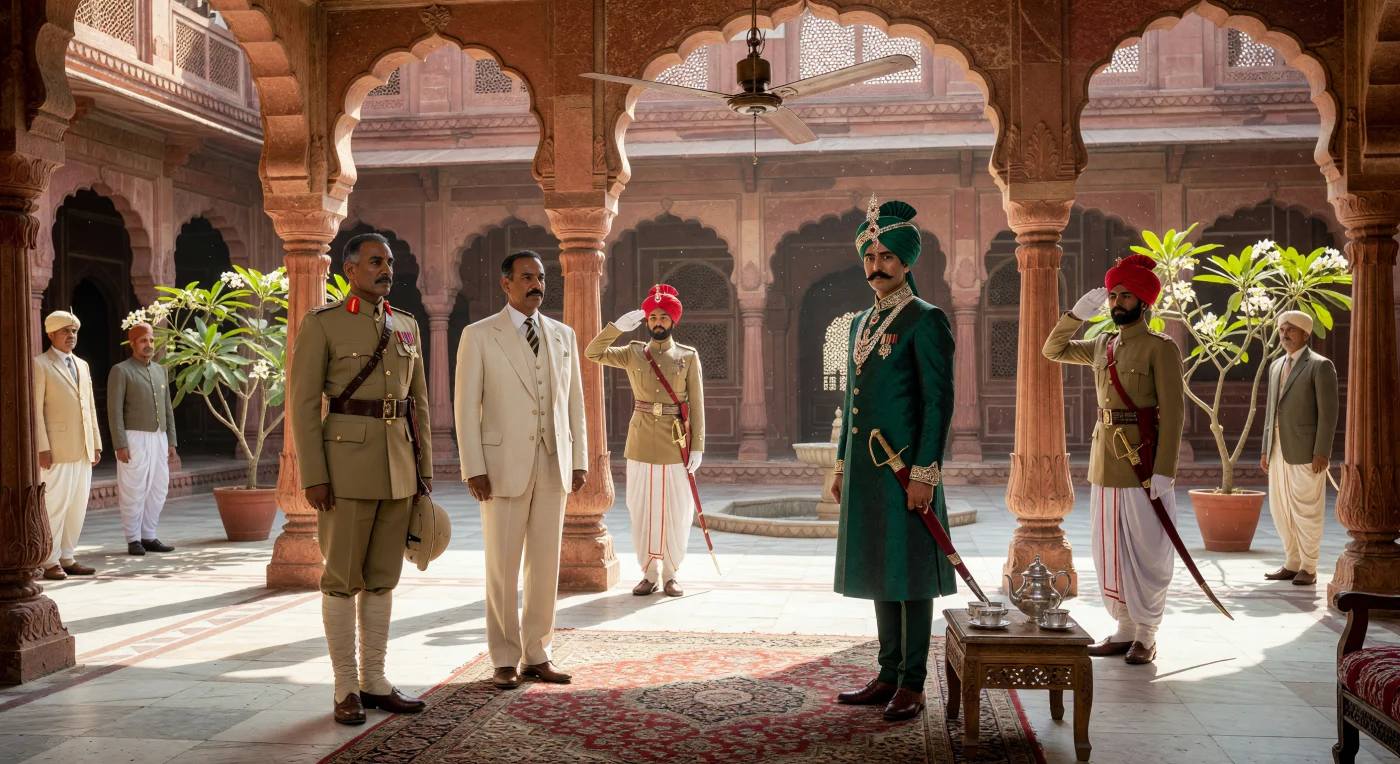 Dans la cour baignée de lumière d'un palais du Rajasthan vers 1935, un Maharaja paré de soie émeraude et de joyaux accueille des dignitaires britanniques au milieu d'arches en grès rouge et de délicats treillis de marbre. Ce Durbar illustre le protocole rigide et l'opulence des États princiers sous le Raj britannique, témoignant d'une époque où la diplomatie coloniale se mêlait aux traditions royales séculaires de l'Inde du Nord-Ouest. L'architecture indo-sarrasénique et les uniformes d'époque soulignent les tensions et les alliances complexes qui définissaient la vie politique et sociale de la région durant l'entre-deux-guerres.