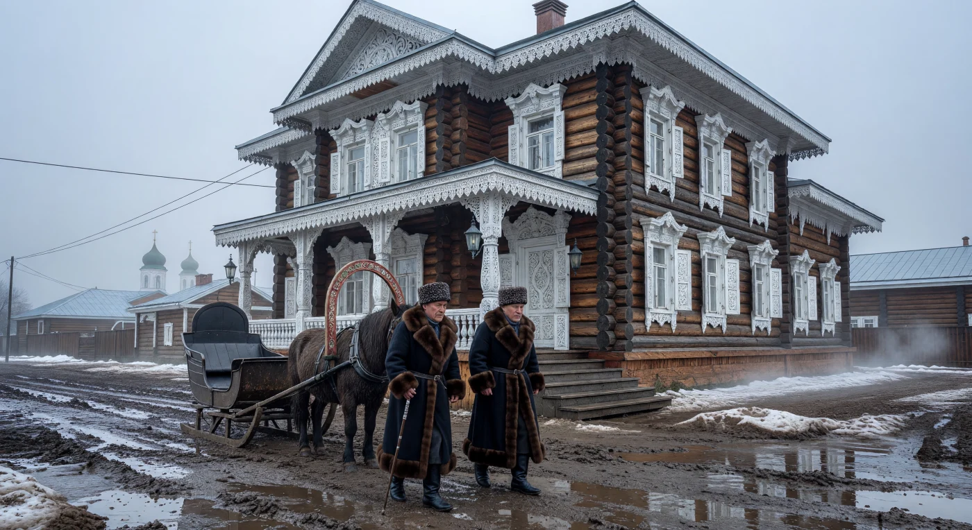 Surnommée la « Paris de Sibérie », Irkoutsk dévoile ici sa splendeur architecturale à travers une « Maison de dentelle » dont les sombres billots de mélèze contrastent avec de délicates ciselures blanches. Au cœur de la *rasputitsa*, le dégel printanier transformant les rues en bourbiers, de riches marchands vêtus de zibeline et d’astrakan s’apprêtent à monter dans un traîneau traditionnel. Cette scène illustre l'extraordinaire opulence de l'élite sibérienne à la Belle Époque, témoignant d'une période de transition entre les traditions ancestrales et l'expansion industrielle fulgurante de l'Empire russe.