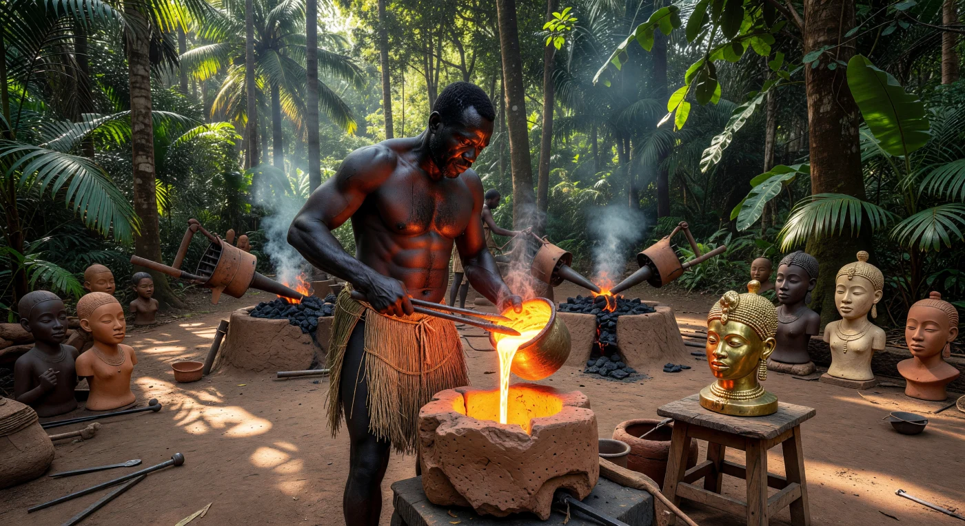 Au cœur d'une forêt tropicale du XIIe siècle, un maître artisan du royaume d'Ife verse avec précision du laiton en fusion dans un moule d'argile selon la technique complexe de la cire perdue. Cette scène illustre l'apogée de la métallurgie ouest-africaine, où la maîtrise exceptionnelle du feu permettait de créer des portraits royaux d'un naturalisme saisissant, emblématiques de la sophistication de la civilisation yoruba. L'atelier, jonché de figurines en terre cuite et baigné par la lueur incandescente du métal, témoigne d'une tradition artistique et technologique qui comptait parmi les plus avancées du Moyen Âge mondial.