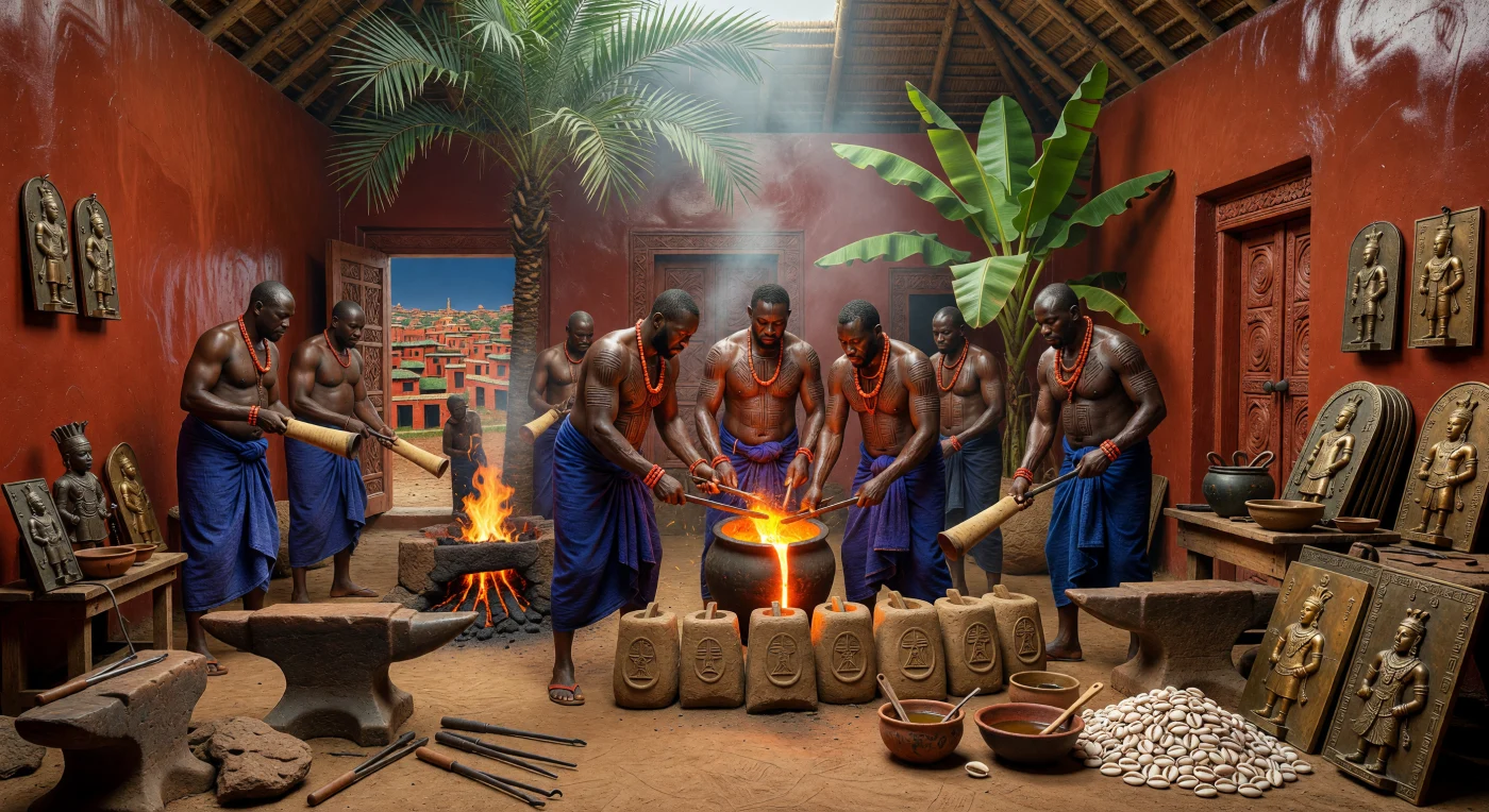 Au sein d'un atelier de la cité du Bénin vers 1580, des maîtres artisans Edo coulent du métal en fusion dans des moules à cire perdue pour façonner les célèbres plaques royales destinées au palais de l'Oba. Parés de perles de corail et arborant des scarifications rituelles complexes, ces fondeurs d'élite s'activent dans une cour aux murs d'argile rouge dont la finition polie reflète l'éclat incandescent de l'alliage. Cette scène illustre l'apogée d'une tradition artistique et technologique exceptionnelle qui a fait de cet empire ouest-africain l'un des centres culturels les plus sophistiqués de la Renaissance.