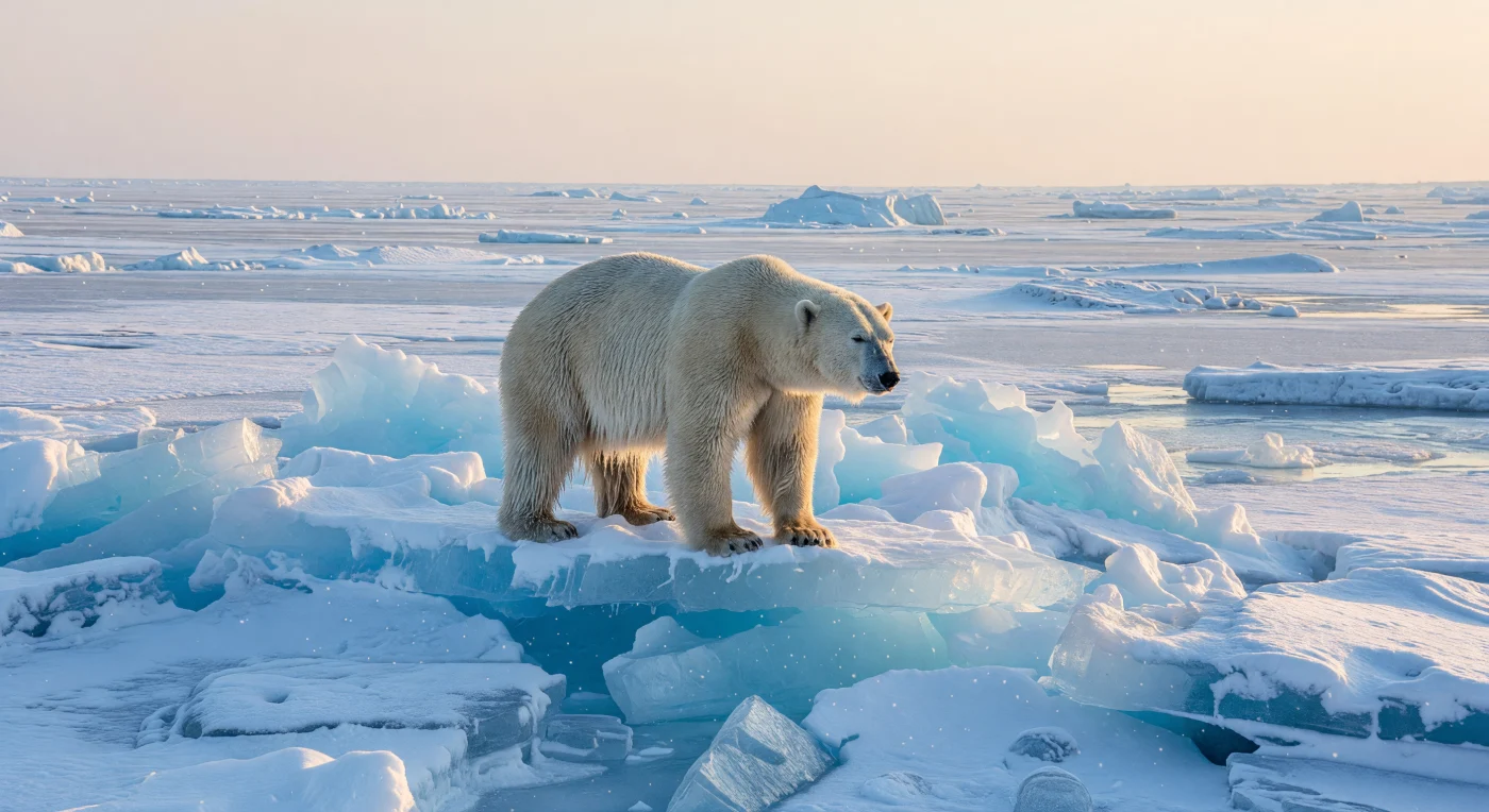 A solitary male polar bear (*Ursus maritimus*) navigates a jagged pressure ridge of multi-year sea ice, illuminated by the ethereal, low-angled glow of the Arctic midnight sun. This scene captures the High Arctic as it appeared during the late 20th century, a period characterized by expansive, stable ice packs that supported robust apex predator populations. The deep cerulean tints within the translucent ice and the pristine, diamond-dust atmosphere reflect the profound isolation of a wilderness largely untouched by industrialization before the onset of rapid contemporary climate change.