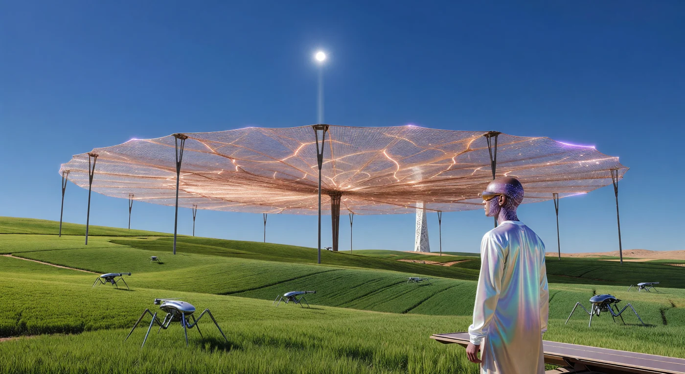 Nesta vasta paisagem das colinas do Atlas durante o século XXII, uma era conhecida como a Convergência (2100-2200), uma imensa rede de liga de cobre de cinco quilômetros de diâmetro captura energia de micro-ondas proveniente de uma vela orbital geoestacionária, visível como uma estrela perene no céu meridiano. Sob este dossel tecnológico, drones insectoides monitoram campos de trigo bioengenheirado, enquanto torres de Calcificação Atmosférica ao fundo processam gases de efeito estufa em carbonato de cálcio sólido para restaurar o equilíbrio climático. A integração biotecnológica atinge seu ápice no técnico em primeiro plano, cuja fisiologia adaptada e Trama Sináptica permitem uma conexão direta com a rede quântica global, exemplificando a simbiose total entre a humanidade e as forças planetárias.