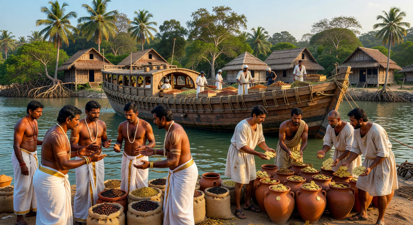 2세기 남인도의 무지리스 항구에서 타밀 상인들이 로마 무역상들과 '검은 황금'이라 불리는 후추를 로마 금화 및 이탈리아산 와인이 담긴 암포라와 교환하고 있습니다. 정교한 무슬린 의복과 진주로 치장한 상인들 뒤로는 금속 못 대신 코코넛 섬유로 판자를 엮어 만든 거대한 인도양 무역선이 열대 석호의 풍경과 어우러져 위용을 자랑합니다. 이 활기찬 교역 현장은 고대 로마 제국과 인도 상감 시대 왕국들을 잇던 역동적인 해상 실크로드의 황금기를 생생하게 보여줍니다.