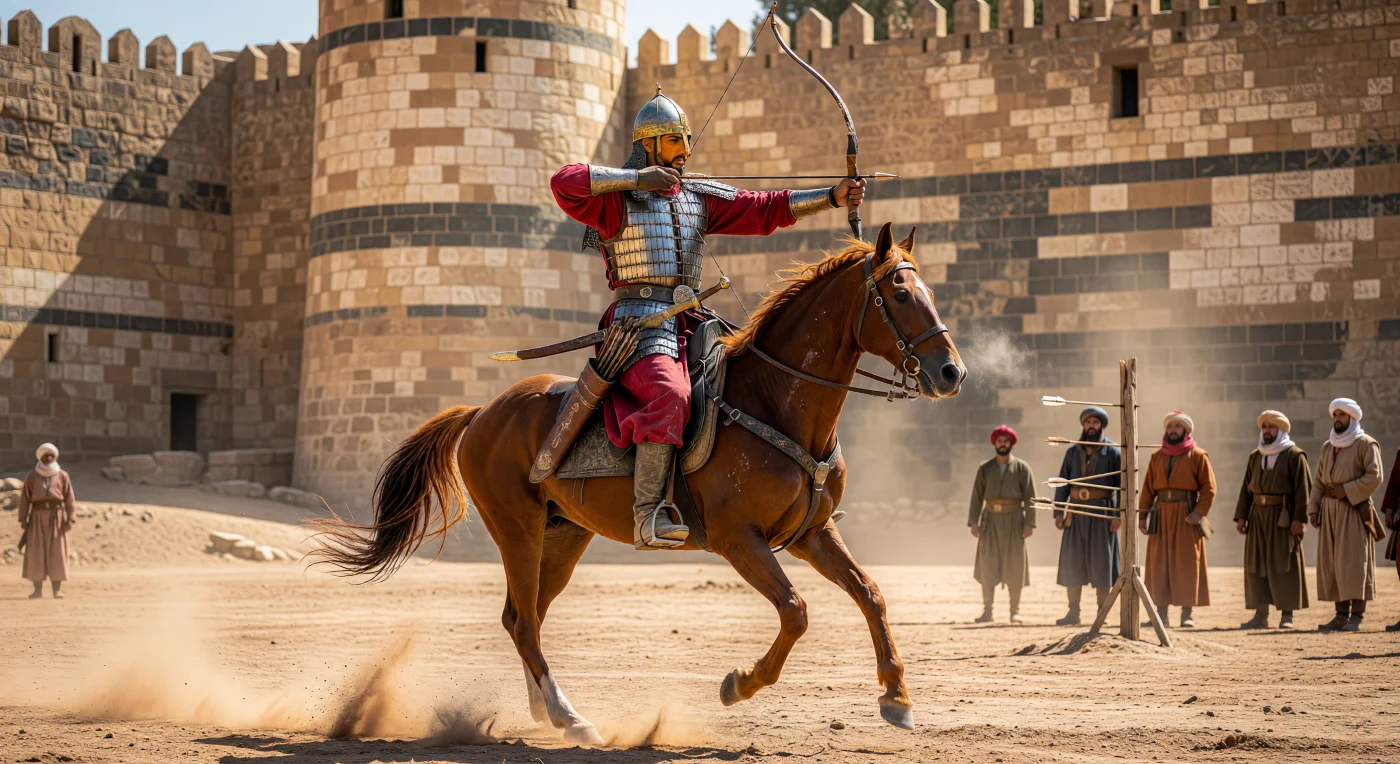 Ein mamlukischer *Faris* führt eine hochpräzise *Furusiyya*-Übung im vollen Galopp vor den massiven Kalksteinmauern der Zitadelle von Kairo aus. Gekleidet in einen polierten stählernen Lamellenpanzer über einem karmesinroten Seidenkaftan, spannt der Elite-Krieger einen Kompositbogen aus Horn und Sehne, während sein edles Araberpferd dichte Staubwolken auf dem Übungsplatz aufwirbelt. Diese anspruchsvollen Drills waren im 14. Jahrhundert essenziell für die militärische Überlegenheit des Mamluken-Sultanats, dessen Kriegerkaste durch lebenslanges Training in Reitkunst und Bogenschießen zu den fähigsten Kavallerieeinheiten des späten Mittelalters zählte.