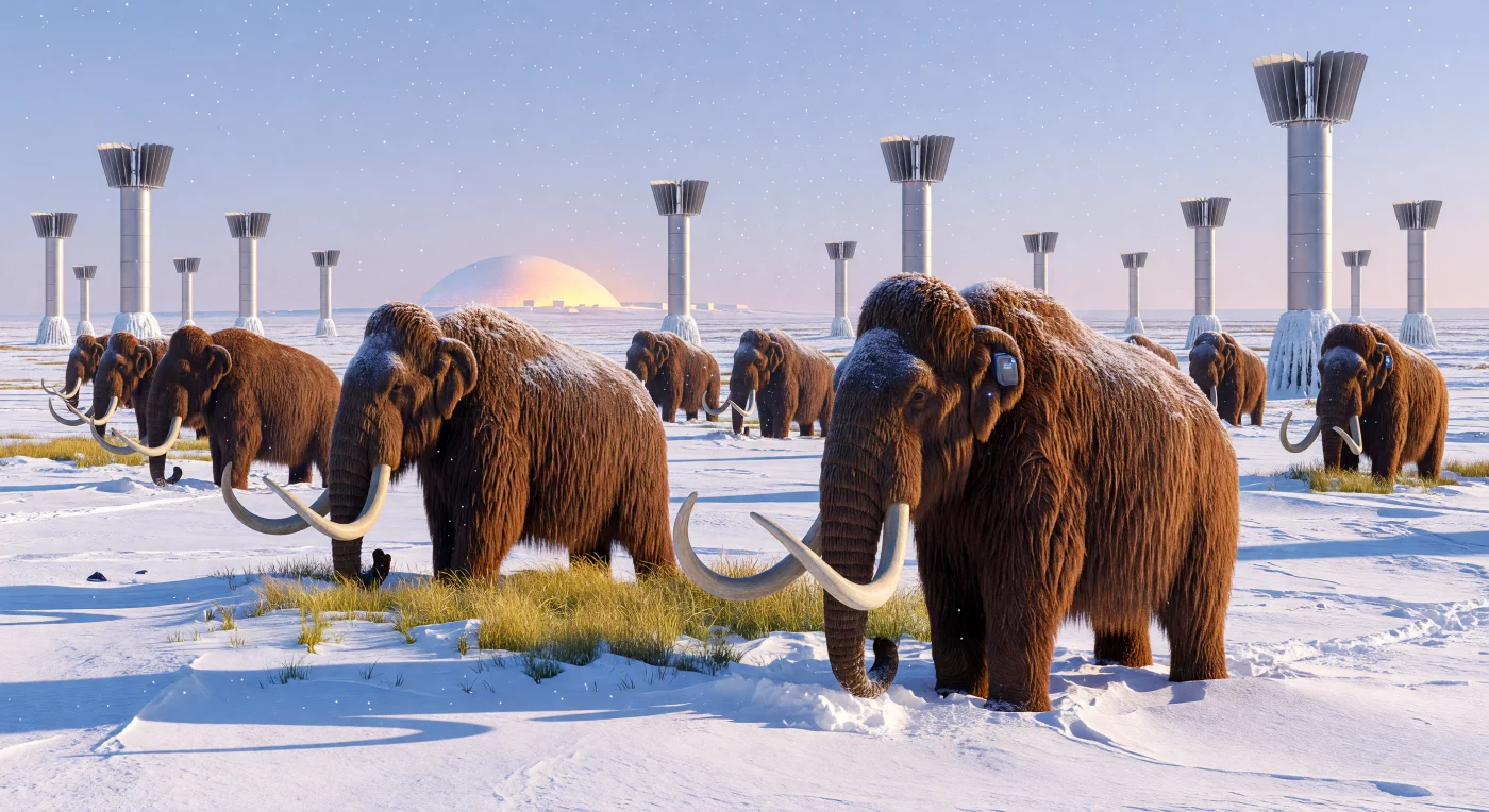 Dans l'immensité de la toundra sibérienne de 2075, un troupeau de mammouths laineux (*Mammuthus primigenius*), recréés grâce à la technologie CRISPR, parcourt un écosystème restauré par la Fédération Eurasienne. Ces colosses de quatre mètres de haut paissent à proximité de thermosiphons verticaux, des structures industrielles essentielles qui stabilisent le pergélisol pour empêcher la libération de carbone ancien. Entre les capteurs neuronaux intégrés à leur épaisse fourrure ocre et la silhouette lointaine des dômes à fusion, ces spécimens illustrent la fusion entre la biologie du Pléistocène et l'ingénierie climatique de l'Aube Augmentée.