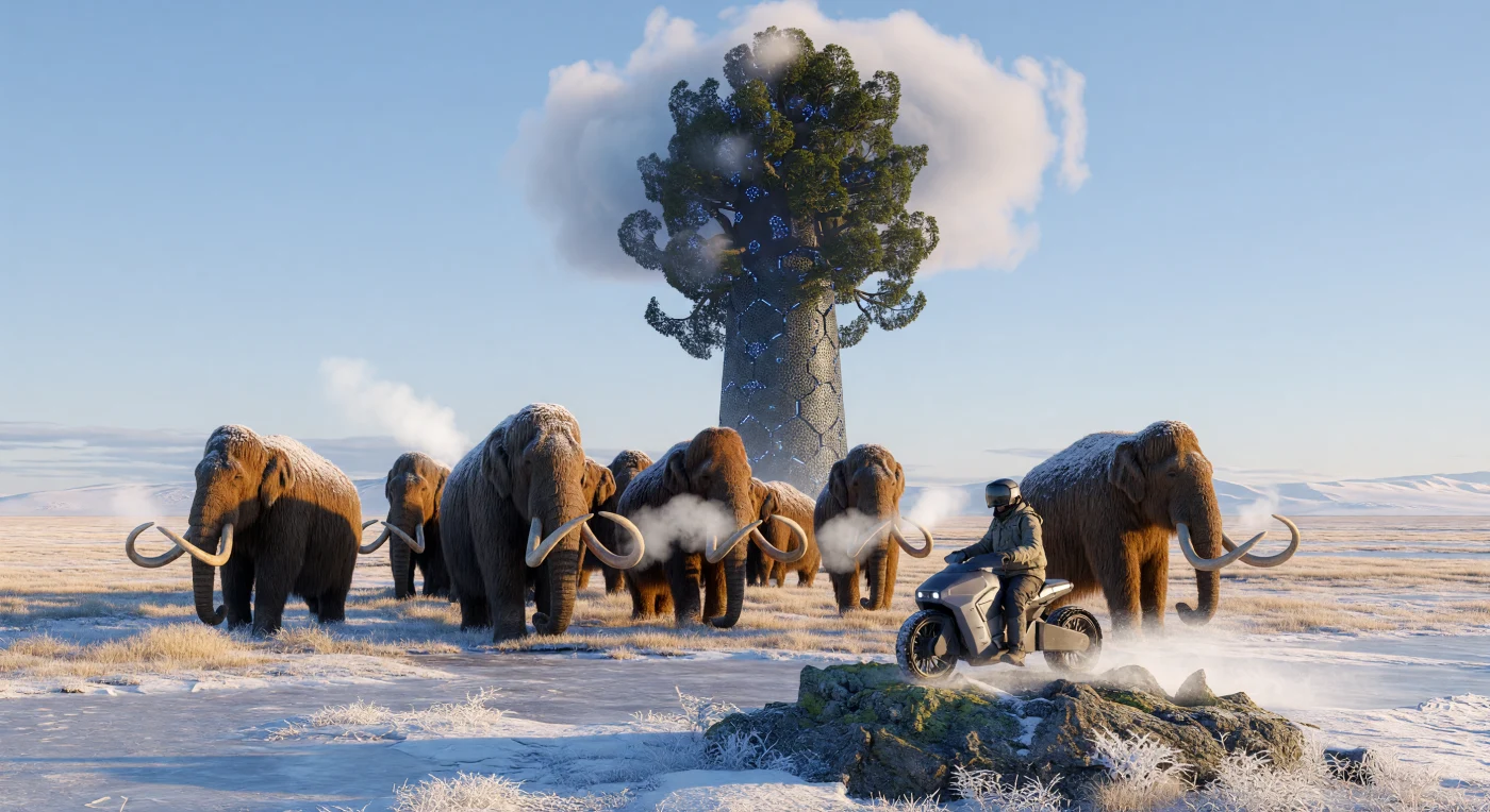In questa veduta della Riserva Naturale Siberiana nel 2350, un branco di mammut lanosi (*Mammuthus primigenius*) de-estinti pascola sulla tundra gelata, segnando il ritorno della megafauna del Pleistocene in un ecosistema rigenerato. Sullo sfondo, colossali torri per la cattura del carbonio camuffate da sequoie mantengono l'atmosfera ai livelli pre-industriali di 280 ppm, mentre un'IA Sentinella in forma di lupo monitora l'equilibrio biologico dal suo osservatorio di basalto. Questo scenario della "Grande Divergenza" illustra una sintesi perfetta tra biotecnologia e ingegneria climatica, dove il passato geologico della Terra viene preservato attraverso le tecnologie più avanzate del ventiquattresimo secolo.