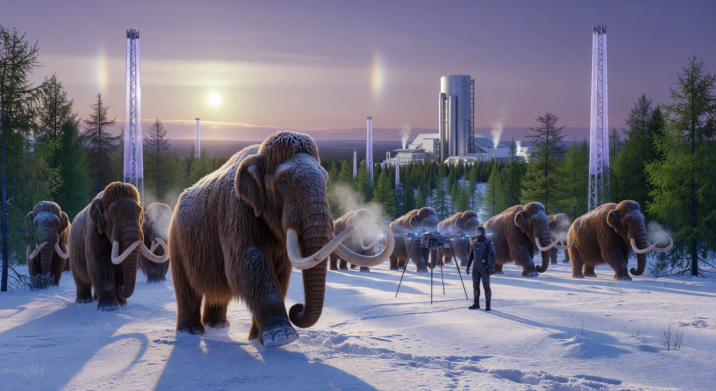 Nel 2045, durante l'epoca della Soglia, un branco di mammut lanosi (*Mammuthus primigenius*) riportati in vita dalla de-estinzione attraversa una foresta di larici bio-ingegnerizzati per la cattura del carbonio nella tundra siberiana. Questi colossi agiscono come ingegneri dell'ecosistema, compattando lo strato nevoso per aumentare la conduttività termica e preservare il permafrost sottostante dal disgelo. Tra le imponenti torri di filtraggio atmosferico e i reattori a fusione dell'Arco Siberiano, l'immagine testimonia un ambizioso progetto di restauro ecologico dove la megafauna del Pleistocene e la tecnologia d'avanguardia collaborano per stabilizzare il clima globale.