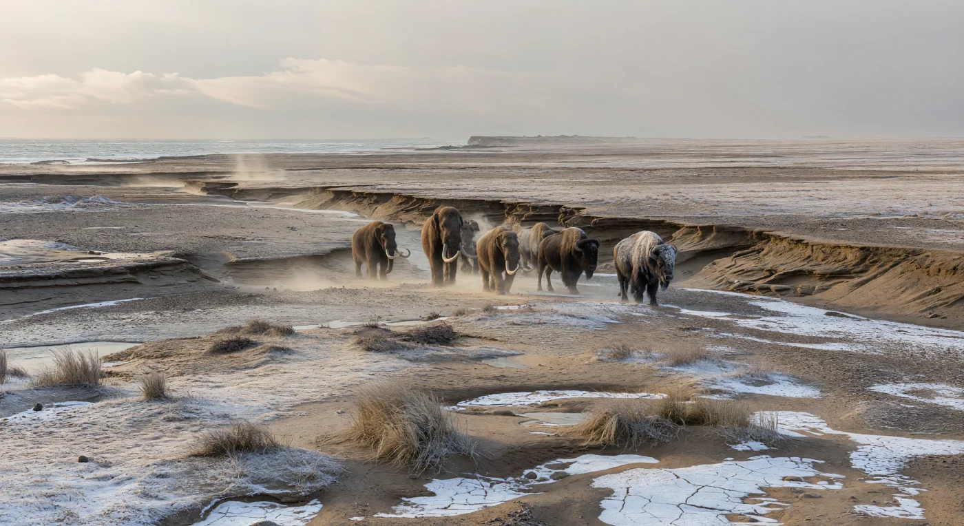 Durante os máximos glaciares do Pleistoceno tardio, há cerca de 26 000 a 19 000 anos, a descida do nível do mar em aproximadamente 120 metros expôs vastas plataformas continentais, transformando antigos fundos marinhos em estepes frias e varridas pelo vento. Nesta paisagem gelada, um pequeno grupo de mamutes-lanosos, Mammuthus primigenius, e bisontes-das-estepes, Bison priscus, atravessa ervas de cárice enregeladas junto a um vale fluvial profundamente escavado, cujas camadas revelam lodos marinhos, areias e cascalhos do antigo leito oceânico. A cena recorda a Beríngia, onde a vida terrestre avançou sobre terras recém-emergidas entre o mar recuado e a costa cinzenta, num mundo moldado pelo frio, pelo pó e pelo peso das glaciações.