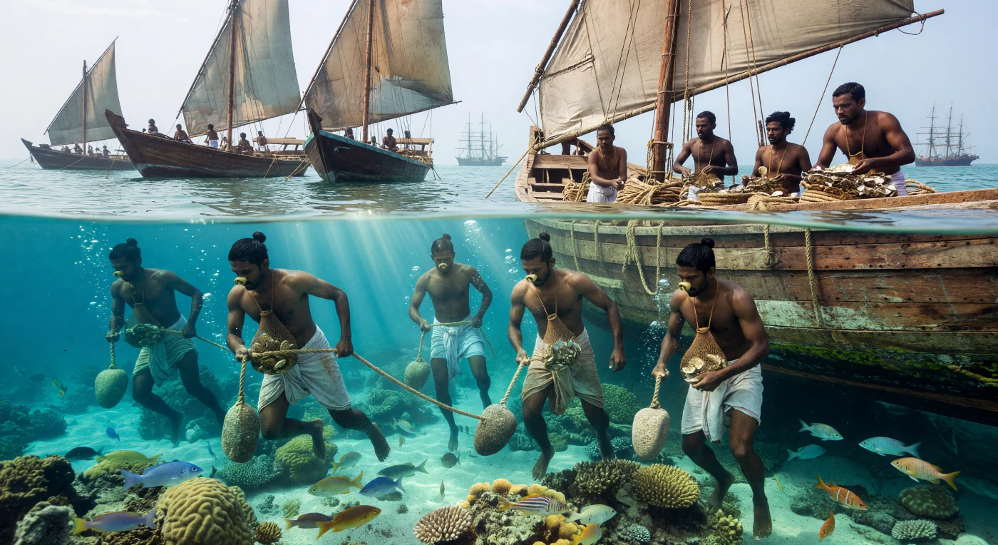 1720年頃のマナール湾を舞台に、伝統的な木造船から透明な海へと潜るパラヴァ族の潜水士たちの勇壮な姿が描かれています。彼らは石の重りと水牛の角の鼻クリップのみを頼りに、世界的な宝飾貿易の源泉となる真珠貝を求めて過酷な潜水を繰り返しました。遠方に浮かぶオランダ東インド会社の帆船は、地元の熟練した技能が当時のグローバルな経済網に組み込まれていた歴史的事実を象徴しています。