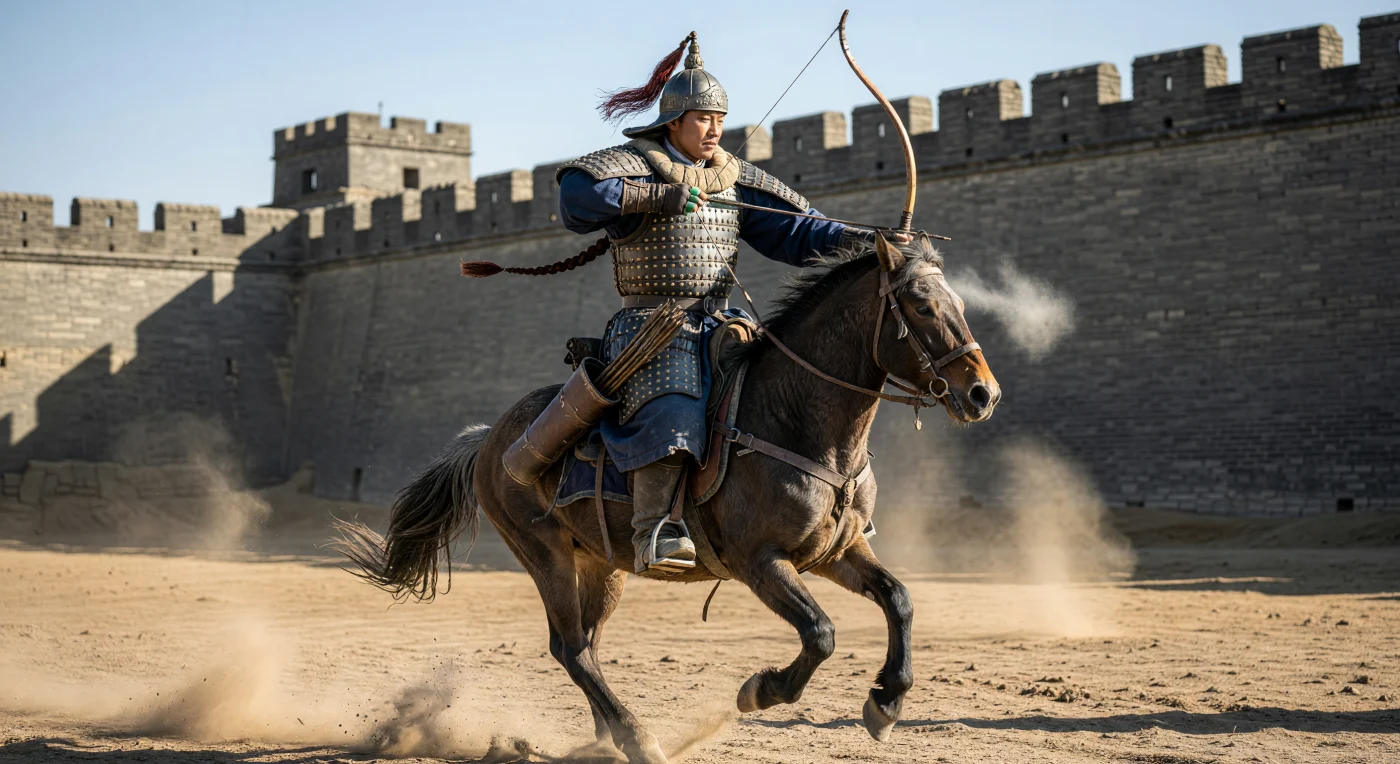 A Manchu archer of the elite Eight Banners is depicted in full gallop, clad in "dingjia" brigandine armor reinforced with brass studs and internal iron plates. This 18th-century warrior wields the formidable Manchu composite bow, a weapon central to the Qing Dynasty’s military dominance and territorial expansion across East Asia. Set against the weathered grey brick fortifications of a northern Chinese city, the scene illustrates the disciplined power and specialized equipment that sustained the Manchu-led empire at its territorial peak.