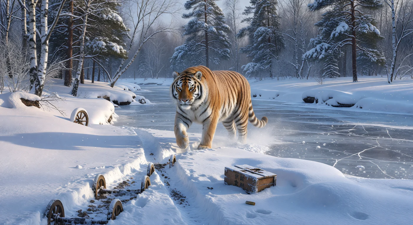 1930 के दशक के उत्तरार्ध में मंचूरिया के बर्फीले जंगलों में एक भव्य अमूर बाघ घूम रहा है, जिसके पास जमी हुई नदी पर जापानी सेना के भारी आपूर्ति वैगनों के पहियों के गहरे निशान मौजूद हैं। बर्फ में आधा दबा हुआ कांजी अक्षरों वाला राशन का बक्सा और खाली कारतूस इस शांत प्राकृतिक परिदृश्य में द्वितीय विश्व युद्ध की सैन्य हलचल को दर्शाते हैं। यह दृश्य उस काल के सीमावर्ती संघर्षों और जंगली क्षेत्रों पर मानव अतिक्रमण के बीच के तनावपूर्ण संतुलन को खूबसूरती से उजागर करता है।