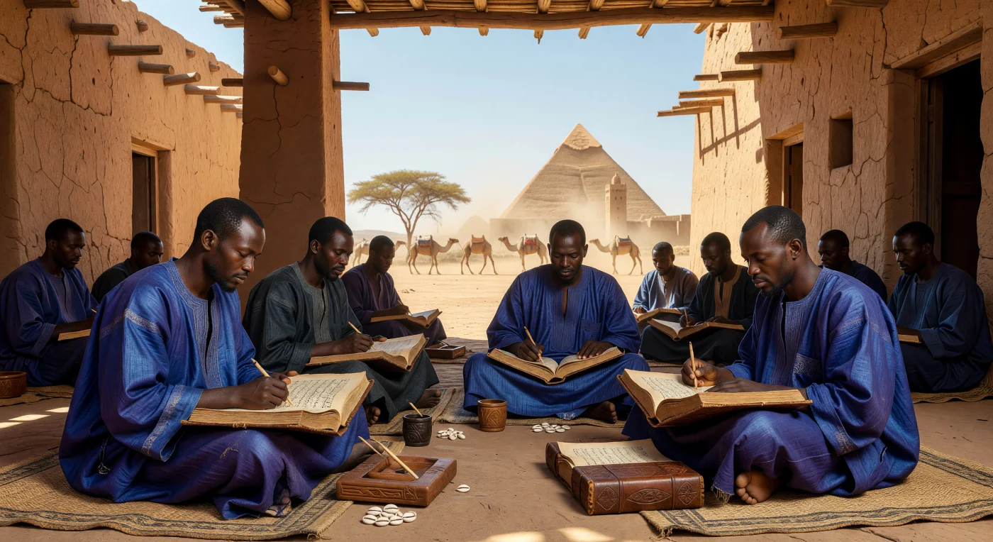 Mandinka-geleerden in diepblauwe indigo boubou's bestuderen nauwgezet handgeschreven Arabische manuscripten onder de schaduw van een lemen portiek in het 14e-eeuwse Timboektoe. De kenmerkende Sudano-Sahel-architectuur, met haar uitstekende houten toron-balken, weerspiegelt de status van de stad als een wereldwijd centrum voor islamitische geleerdheid tijdens het Mali-rijk. Terwijl de felle Sahel-zon op de achtergrond een zoutkaravaan verlicht, illustreert dit tafereel de verfijnde synthese van handel en kennis die West-Afrika in de late middeleeuwen kenmerkte.