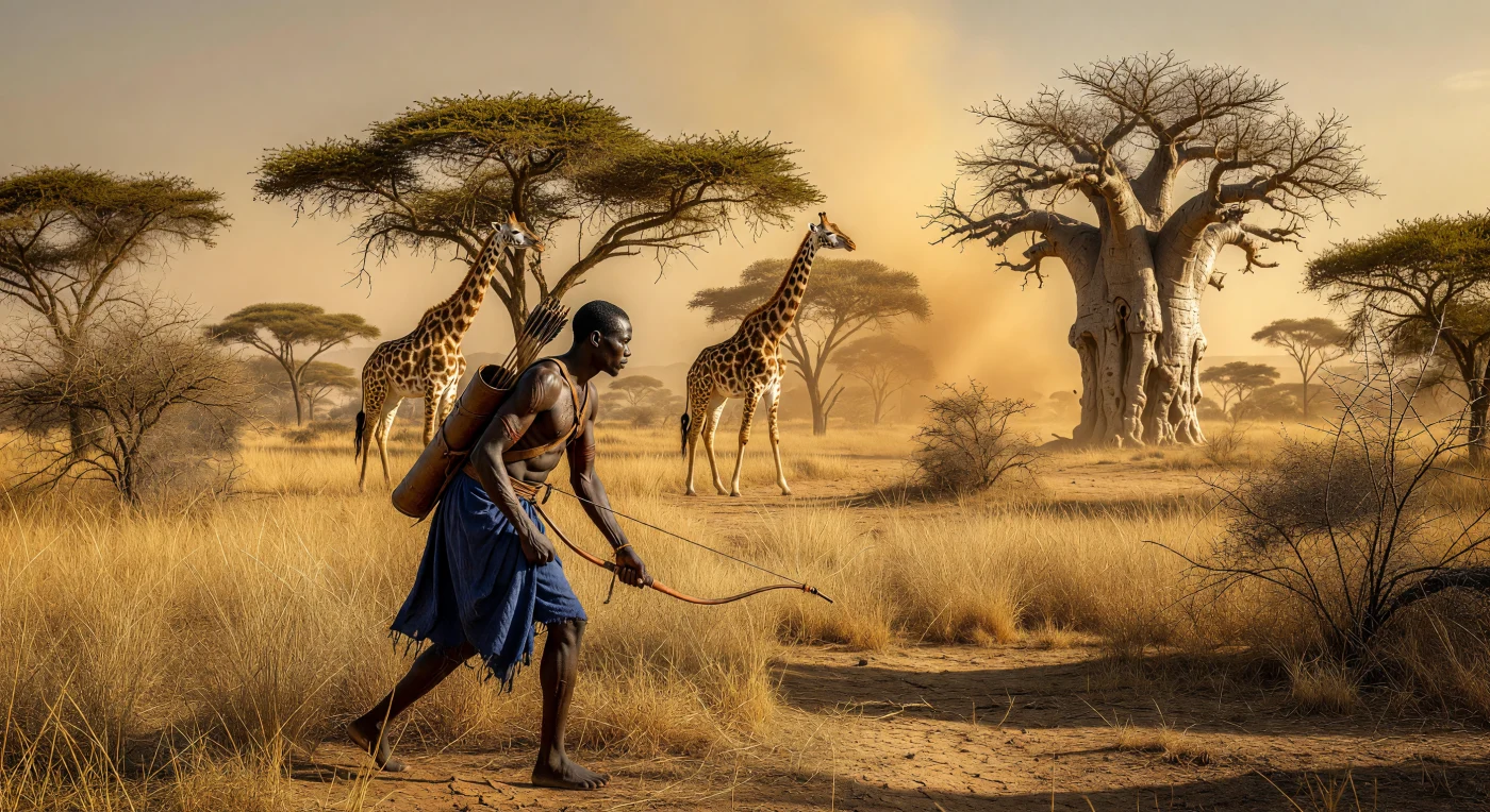 Ein Mandinka-Jäger pirscht im späten 14. Jahrhundert durch das goldene Elefantengras der Sahel-Savanne, während Westafrikanische Giraffen und ein massiver, uralter Baobab die weite Landschaft des Mali-Reiches prägen. Diese Darstellung fängt den Alltag in einer Zeit ein, in der die Region als wohlhabendes Handelszentrum florierte und die Jagd eine lebensnotwendige Fertigkeit darstellte. Die sorgfältig rekonstruierte Ausrüstung des Jägers, von der handgewebten Indigokleidung bis zu den handgeschmiedeten eisernen Pfeilspitzen, spiegelt die technologische Reife und die tiefe kulturelle Verbindung zur unberührten Wildnis wider.