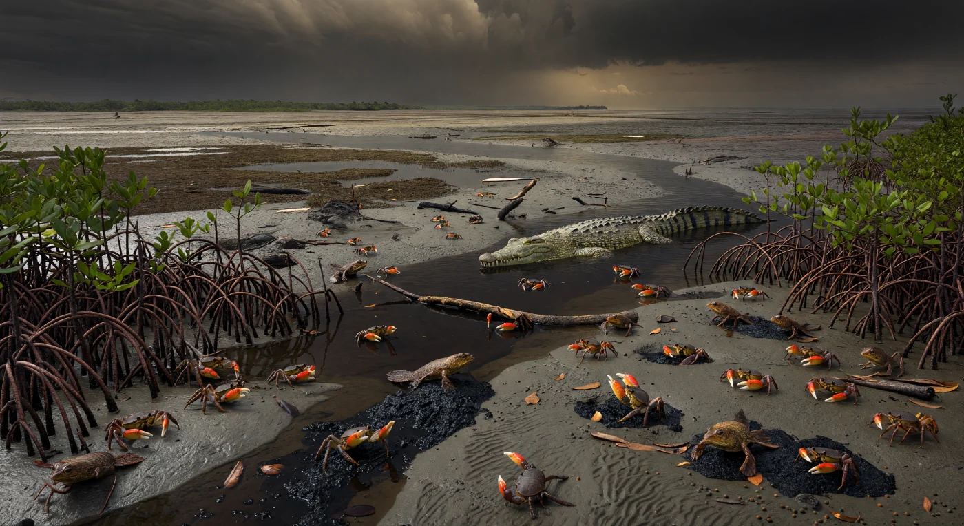 Durante un bajo nivel del mar del Pleistoceno tardío, hace aproximadamente 20.000 años, los estuarios del entonces expuesto Sunda Shelf se extendían sobre vastas llanuras fangosas recorridas por canales de marea oscuros y cargados de taninos. En esta escena se ven densos manglares de Rhizophora con raíces zancudas arqueadas sobre el lodo gris, rodeados de cangrejos violinistas del género Uca y pequeños saltarines del fango (mudskippers, familia Oxudercidae), mientras un enorme cocodrilo de agua salada, Crocodylus porosus, de unos 5 metros, se desliza casi invisible entre las aguas salobres. Estos refugios tropicales persistieron incluso durante las fases glaciales, conservando ecosistemas costeros húmedos en medio de un mundo más frío y con el nivel del mar hasta unos 120 metros por debajo del actual.