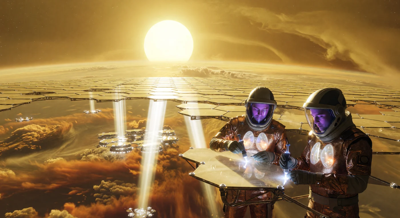 Durante la era de la Convergencia (2100-2200 d. C.), técnicos Aeros-Humanos realizan el mantenimiento del Tamiz de Fotones, una vasta red de espejos de grafeno que concentra la radiación solar —1.9 veces más intensa que en la Tierra— hacia las ciudades flotantes de la atmósfera venusiana. Equipados con simbiontes de filtrado pulmonar y trajes resistentes a la corrosión, estos especialistas operan sobre estructuras de nanotubos de carbono suspendidas sobre un denso manto de nubes de ácido sulfúrico en perpetua superrotación. Esta proeza de ingeniería del siglo XXII ilustra la adaptación biotecnológica de nuestra especie a las condiciones extremas de Venus, transformando un entorno hostil en un nexo vital de captura energética y secuestro de carbono.