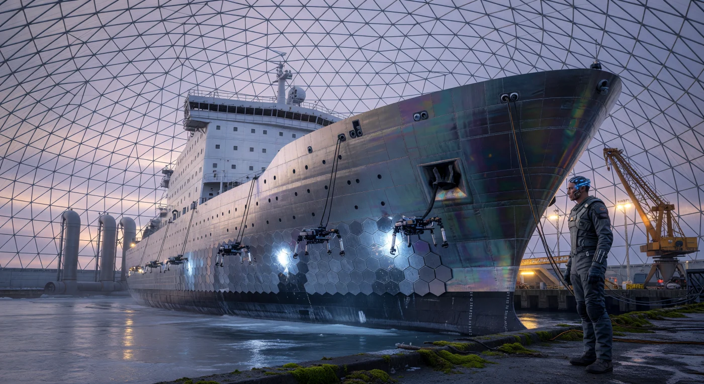 Durante l’Alba Potenziata (2050-2100), la Cupola di Murmansk rappresentava un fulcro tecnologico dove imponenti rompighiaccio a fusione aneutronica venivano riparati da droni autonomi entro bacini di salamoia artica. L'immagine ritrae un esponente della stirpe antropica nota come Avanguardia, caratterizzato da arti allungati e interfacce neurali integrate, che supervisiona il cantiere tra tappeti di muschi geneticamente modificati per resistere a condizioni estreme. Sullo sfondo, complessi sistemi di termosifoni penetrano il permafrost per preservare la stabilità geoclimatica del sito, offrendo uno sguardo sulla complessa simbiosi tra biosfera ingegnerizzata e substrato geologico nel tardo XXI secolo.