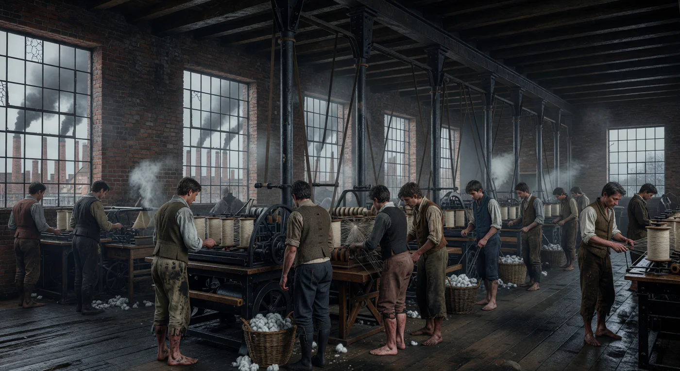 Esta imagem retrata o interior de uma fiação de algodão em Manchester por volta de 1840, onde trabalhadores operam máquinas movidas a vapor sob tetos de madeira manchados de fuligem e vigas de ferro fundido. A cena ilustra o auge da Revolução Industrial na Europa, evidenciando a transição do trabalho artesanal para o sistema fabril mecanizado e as condições exaustivas enfrentadas pelo novo proletariado urbano. Entre o brilho do óleo nas engrenagens e a poeira de algodão suspensa no ar, observa-se a transformação radical da economia e da sociedade que definiu o século XIX.
