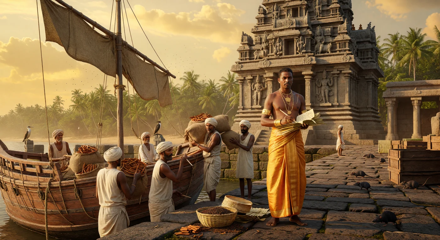 12世紀のマラバール海岸では、アラブの水夫たちがシナモンや胡椒を積み下ろし、インド洋交易の最盛期を象徴する活気溢れる光景が広がっています。鉄釘を使わずヤシの繊維で綴じられた伝統的な「ダウ船」からスパイスが運ばれる傍ら、豪華な絹を纏ったチョーラ朝の役人が貝葉（パームリーフ）に積荷を記録し、その背後には精緻な彫刻が施された花崗岩の寺院がそびえ立っています。この港は、高度な造船技術と芳醇なスパイスを介して、中世における東西の経済と文化が交差する黄金の結節点として繁栄を極めました。