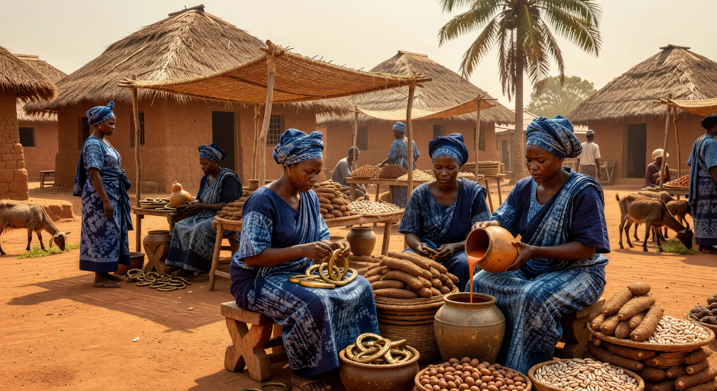 Sous le soleil de plomb des années 1880, cette place de marché en pays Yoruba s'anime au rythme des échanges d'huile de palme et d'ignames contre des manilles de laiton, une monnaie métallique alors en usage. Les marchandes, parées de textiles *iro* et *buba* teints à l'indigo selon la technique traditionnelle *Adire*, incarnent la prospérité des réseaux commerciaux souverains d'Afrique de l'Ouest avant l'imposition de l'administration coloniale. L'architecture en terre crue et le sol de latérite rouge témoignent de l'effervescence de ces carrefours urbains, où les traditions séculaires et le dynamisme économique structuraient la vie quotidienne.
