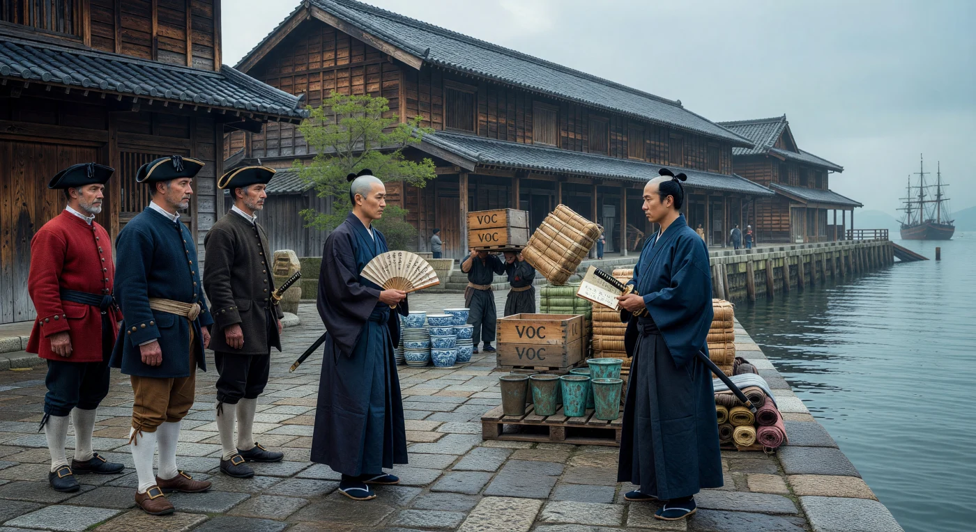 Sur le quai en granit de l'île artificielle de Dejima, des marchands de la Compagnie néerlandaise des Indes orientales (VOC) en redingotes de laine négocient avec des interprètes japonais de la classe des samouraïs, reconnaissables à leurs deux sabres et leur coiffure traditionnelle. Cette enclave isolée dans la baie de Nagasaki constituait l'unique porte d'entrée occidentale vers le Japon durant la période d'isolement de l'époque d'Edo, facilitant l'échange de soieries, de porcelaines et de lingots de cuivre. L'atmosphère brumeuse de ce port de Kyūshū illustre la tension diplomatique et la rigueur bureaucratique qui encadraient ces contacts culturels et commerciaux restreints au milieu du XVIIIe siècle.