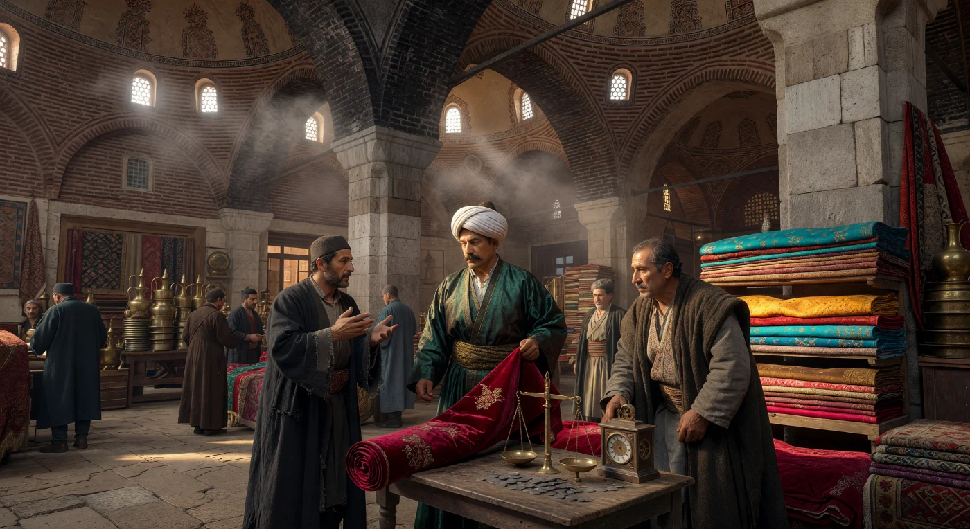 Au cœur des voûtes de brique du Grand Bazar d'Istanbul vers 1580, un marchand ottoman déploie un précieux velours de Bursa aux motifs d'œillets dorés devant des négociants juif séfarade et arménien. Cette transaction, entourée de balances en laiton et de pièces d'argent *akçe*, illustre le rôle crucial de l'Empire ottoman comme plaque tournante du commerce de la soie entre l'Orient et l'Occident. La lumière matinale filtrant à travers les dômes révèle le dynamisme cosmopolite de ce marché, où les textiles luxueux et les technologies importées se côtoient sous l'architecture imposante du Bedesten.