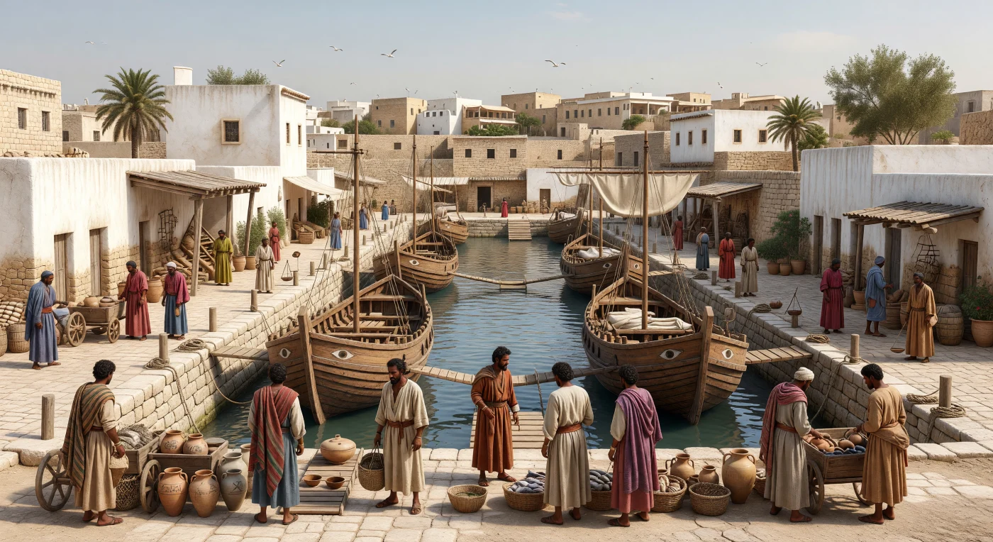Sous la lumière dure d’un après-midi nord-africain, le port marchand rectangulaire de Carthage s’anime de marins, de négociants puniques et de commerçants libyens qui chargent des amphores d’huile, de vin et de produits de la mer sur de larges navires de bois aux proues relevées. Le spectateur verrait des quais de pierre enduits de chaux, des cordages lovés, des passerelles, des entrepôts blanchis et, au-delà, la ville dense de Carthage s’élevant vers le ciel clair. Aux IIIe et IIe siècles av. J.-C., avant la destruction de la cité en 146 av. J.-C., ce port était l’un des grands carrefours du commerce méditerranéen, reliant l’Afrique du Nord aux mondes ibérique, grec et levantin.