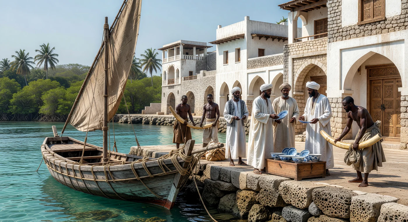 Au XIVe siècle, le port de Kilwa Kisiwani bourdonne d'activité alors qu'un mtepe, voilier traditionnel aux planches cousues de fibres de coco, accoste contre un quai de pierre de corail. Sous le soleil équatorial, des marchands swahilis vêtus de kanzus en soie blanche négocient l'échange de précieuses porcelaines de la dynastie Ming contre des défenses d'ivoire et des résines locales. Cette scène illustre l'apogée de la civilisation swahilie, un carrefour cosmopolite reliant les richesses de l'intérieur de l'Afrique aux vastes réseaux commerciaux de l'océan Indien.