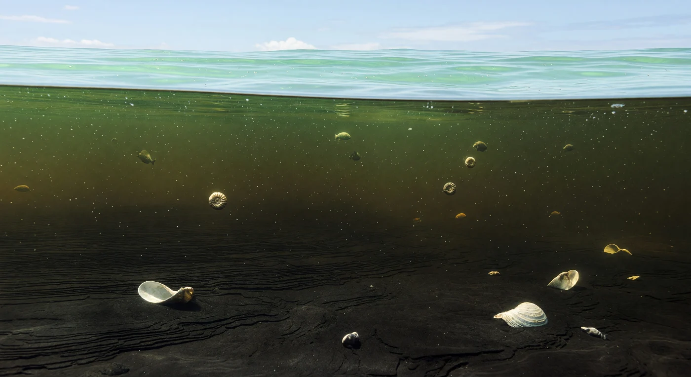 In questo mare epicontinentale equatoriale del Cretaceo medio, circa 120–90 milioni di anni fa, la superficie appare calma, verdastra e ricca di plancton a dinoflagellati, mentre sotto una netta chemoclina l’acqua sprofonda in un bacino scuro, povero di ossigeno. Pochi piccoli ammoniti e sagome di pesci restano confinati negli strati superiori meglio ossigenati, mentre sul fondo quasi privo di vita si adagiano conchiglie sparse di grandi bivalvi inoceramidi, parzialmente inghiottite da fango nero ricco di materia organica. Questa “pioggia” continua di particelle e il quasi totale arresto della bioturbazione favorivano la formazione di sottili livelli laminati di black shale, testimonianza fossile degli Eventi Anossici Oceanici che trasformarono ampi tratti della Tetide e del proto-Atlantico in mari stagnanti e soffocanti.