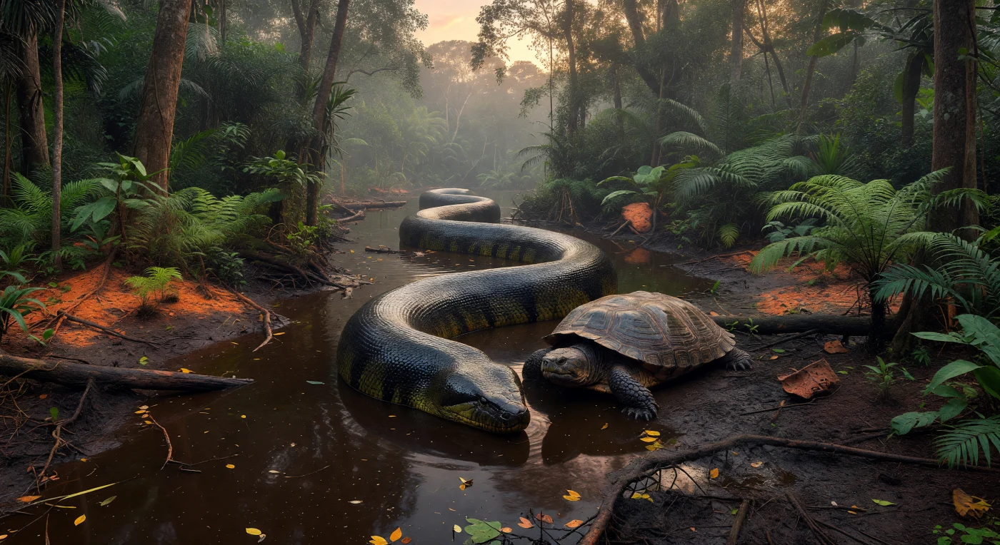 Dans les marécages étouffants de la Formation de Cerrejón, dans le nord de l’Amérique du Sud il y a environ 60 à 58 millions d’années, l’énorme serpent Titanoboa cerrejonensis, long de 12 à 13 mètres, ondule dans une eau brun thé chargée de tanins à côté de la tortue géante Carbonemys cofrinii, dont la carapace atteignait environ 1,6 mètre. La scène montre une forêt tropicale humide du Paléocène, dominée par des angiospermes, des palmiers et de grandes fougères, sur des sols boueux rouge-orangé riches en matière organique. Peu après l’extinction des dinosaures non aviens, ces géants reptiliens témoignent d’un monde de serre exceptionnellement chaud où les écosystèmes néotropicaux se reconstituaient déjà à une échelle spectaculaire.